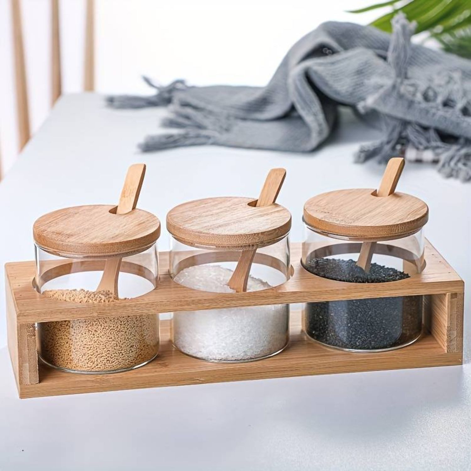 Faizee Möbel Küchenorganizer-Set Küchenorganizer-Set Gewürzdosen Set aus Bambus für stilvolle Küchen, (3-tlg)