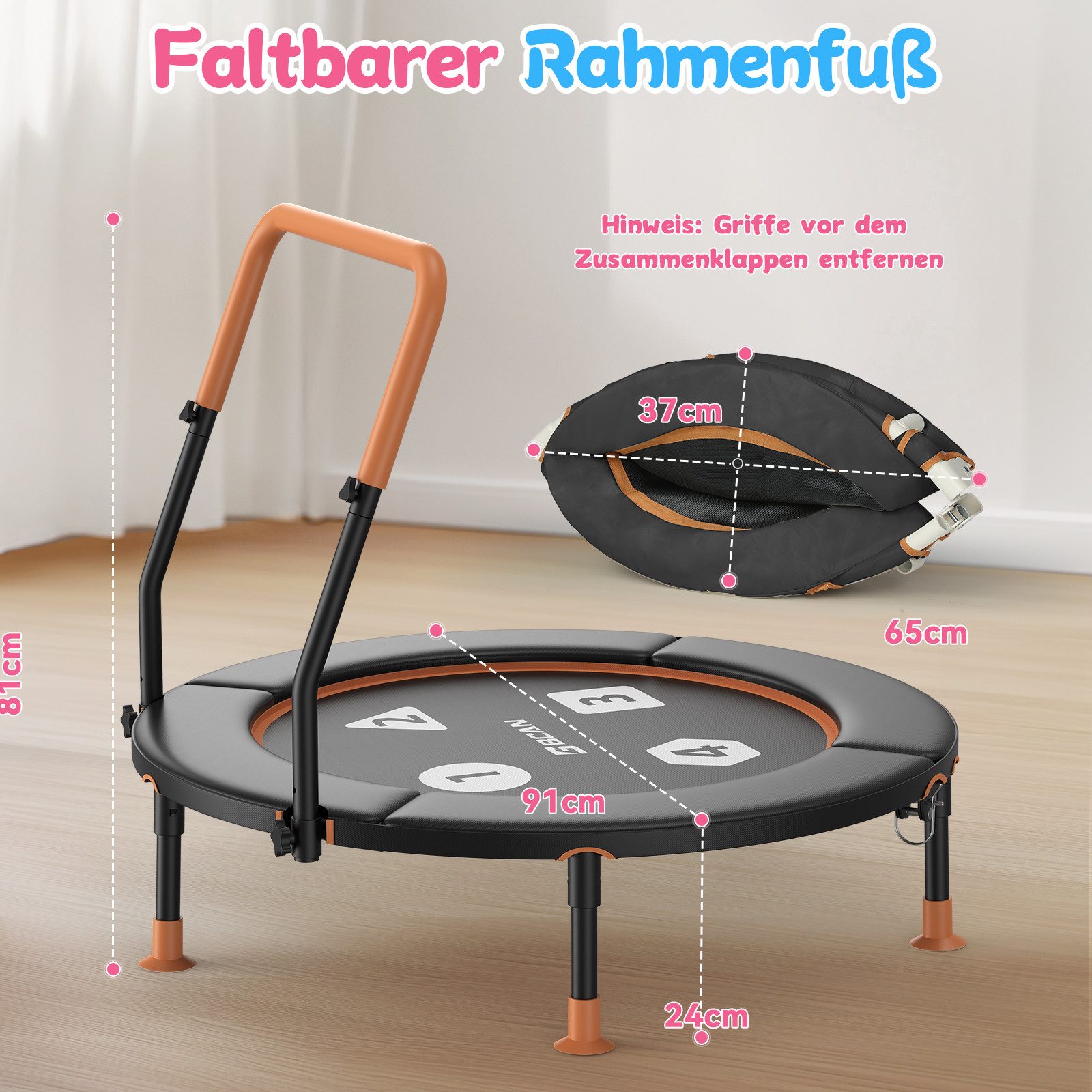 BCAN Kindertrampolin 91 cm Kleinkind-Trampolin mit verstellbarem Griff, Ø 91 cm, (1 tlg), Sicherheitspolster und klappbare Beine, für drinnen & draußen