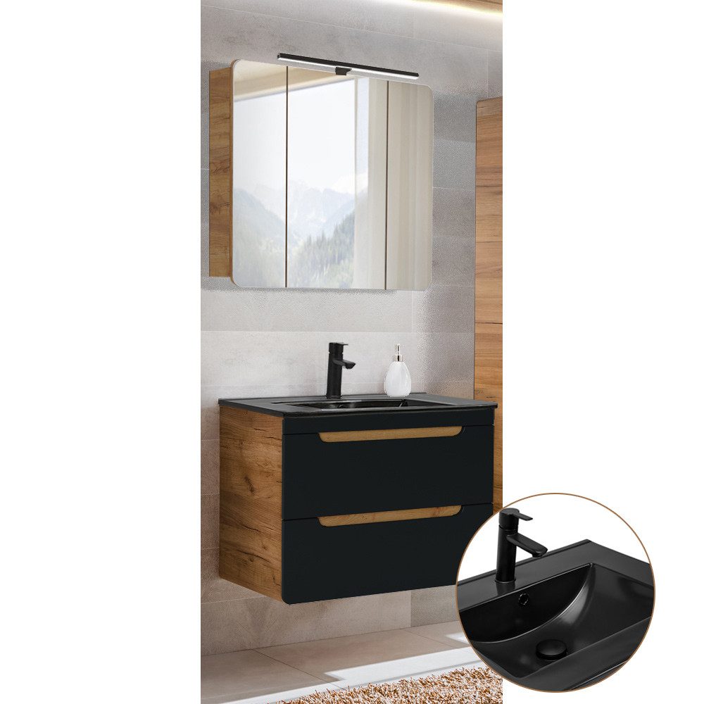 Lomadox Badmöbel-Set NEW-LUTON, (Spar-Set, 2-St), Wotan Eiche Nb. mit 80 cm Keramik Waschtisch 81/195/46 cm