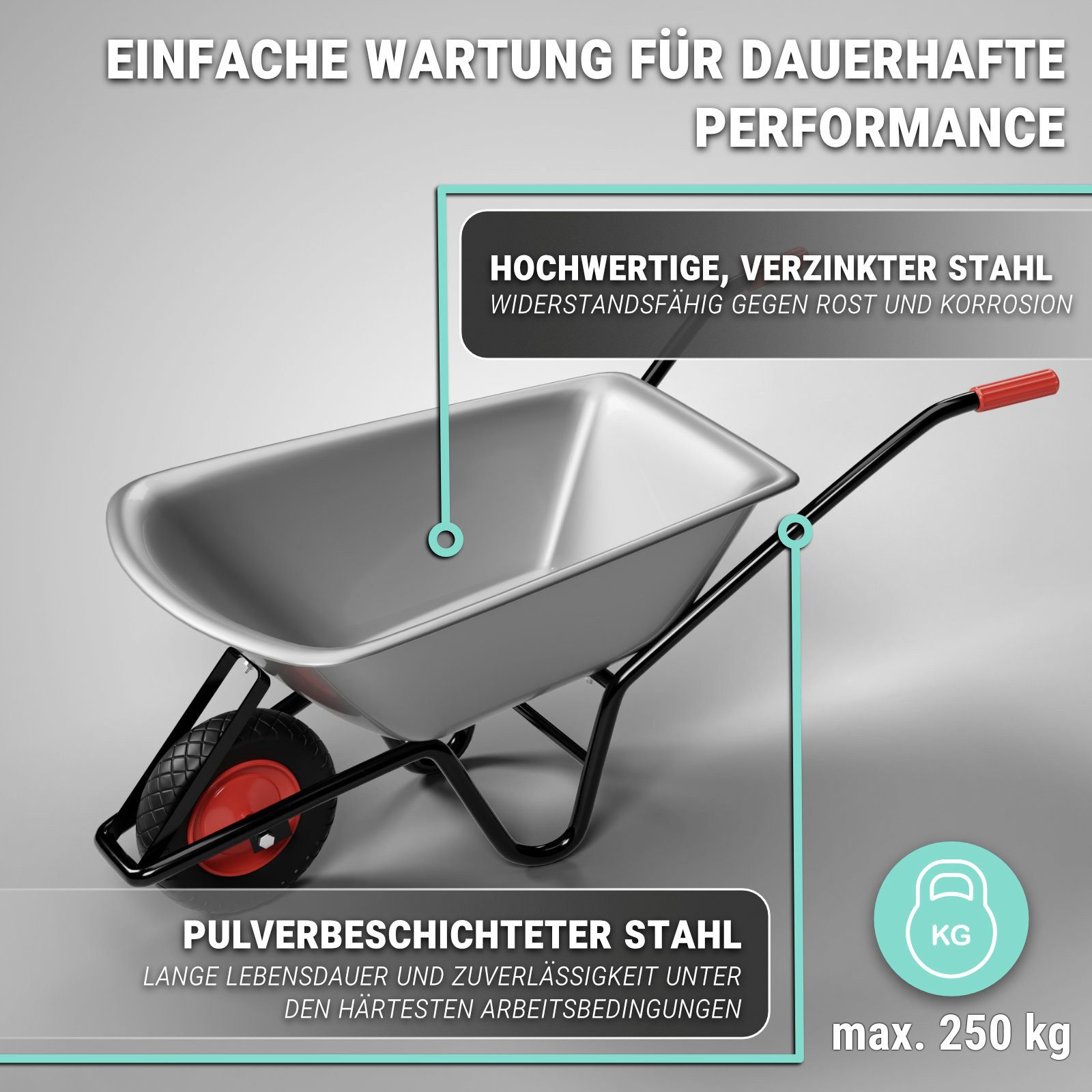 HAGO Schubkarre Gartenschubkarre Bau Transport Schubkarrenwagen 100L 250kg Stahlwanne, (1-tlg), verzinkte Blechwanne, Kippbügel, Stahl-Rahmen