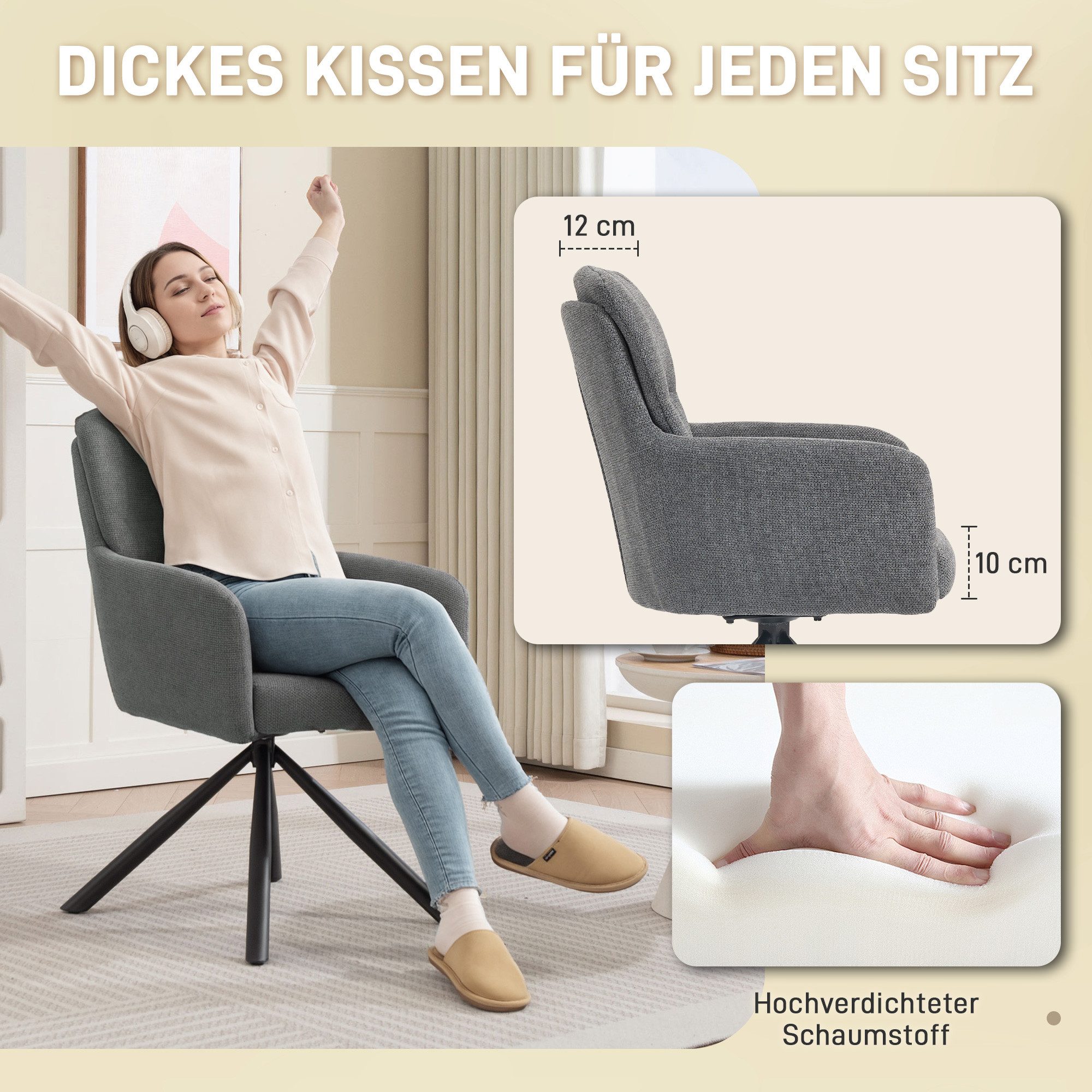 HOMCOM Esszimmerstuhl Ergonomisch Drehstuhl, mit Armlehne, Rückenlehne, Polsterstuhl (360° Drehbar Küchenstuhl, 1 St), für Esszimmer Wohnzimmer, Grau – Bild 5 von 5