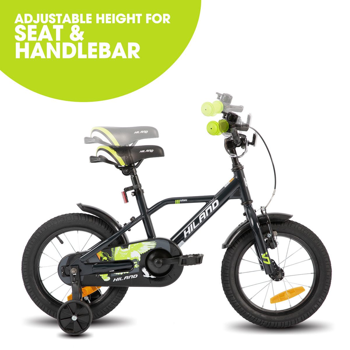 HILAND Kinderfahrrad Hawk 12 14 16 20 Zoll Kinderfahrrad für Jungen 3-10 Jahre, mit Stützrädern, V Bremseund Rücktrittbremse, Hilfsrad, Kotflügel