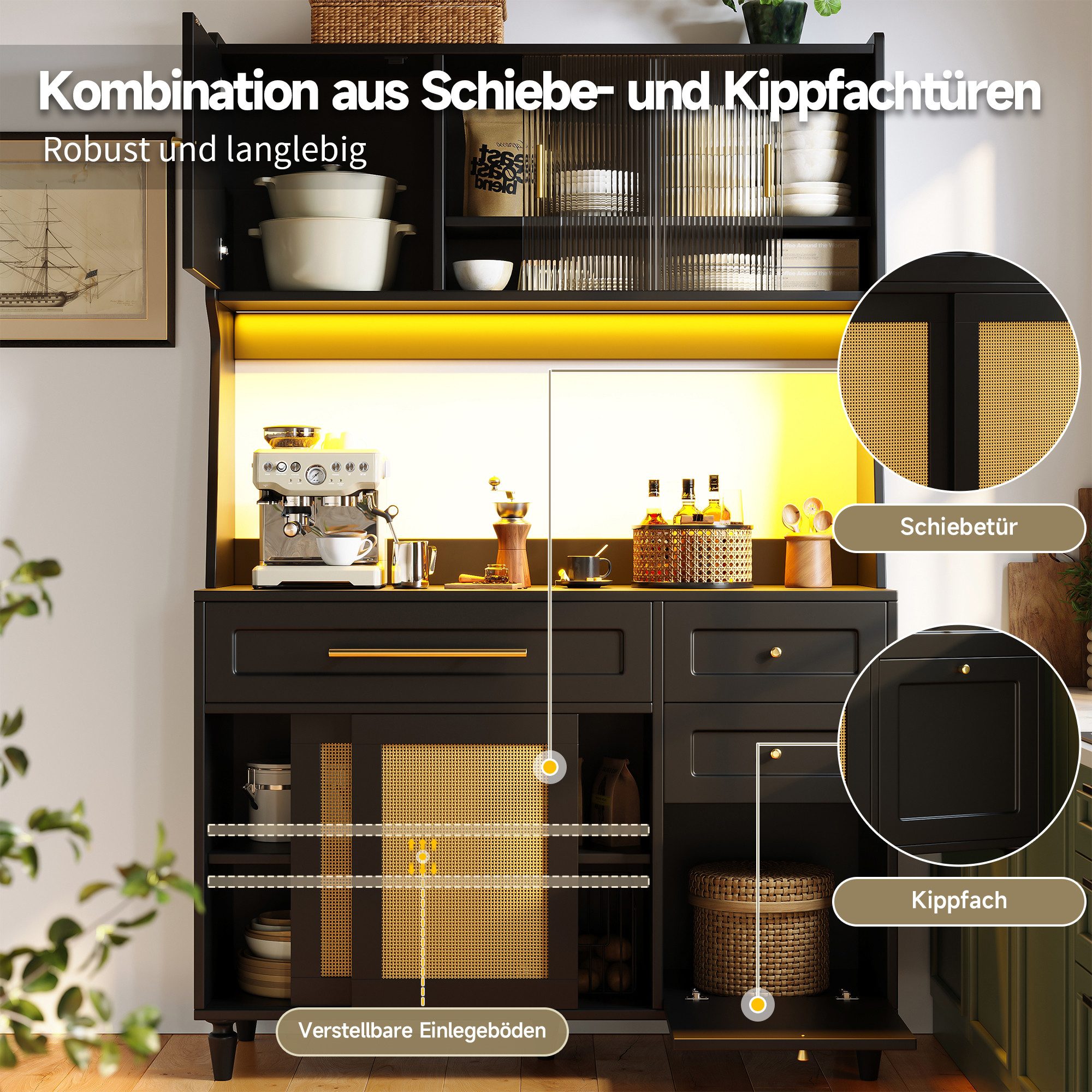 Flieks kitchen buffet with LED lighting, drawers, glass and rattan sliding doors (1 piece, W120/D45/H195.5 cm) Tall cabinet, kitchen cabinet, china cabinet with adjustable shelves