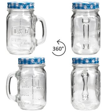HIT Trading Glas 4er Set Glasbecher mit Henkel Deckel und Trinkhalm blau kariert 0,5L, Glas