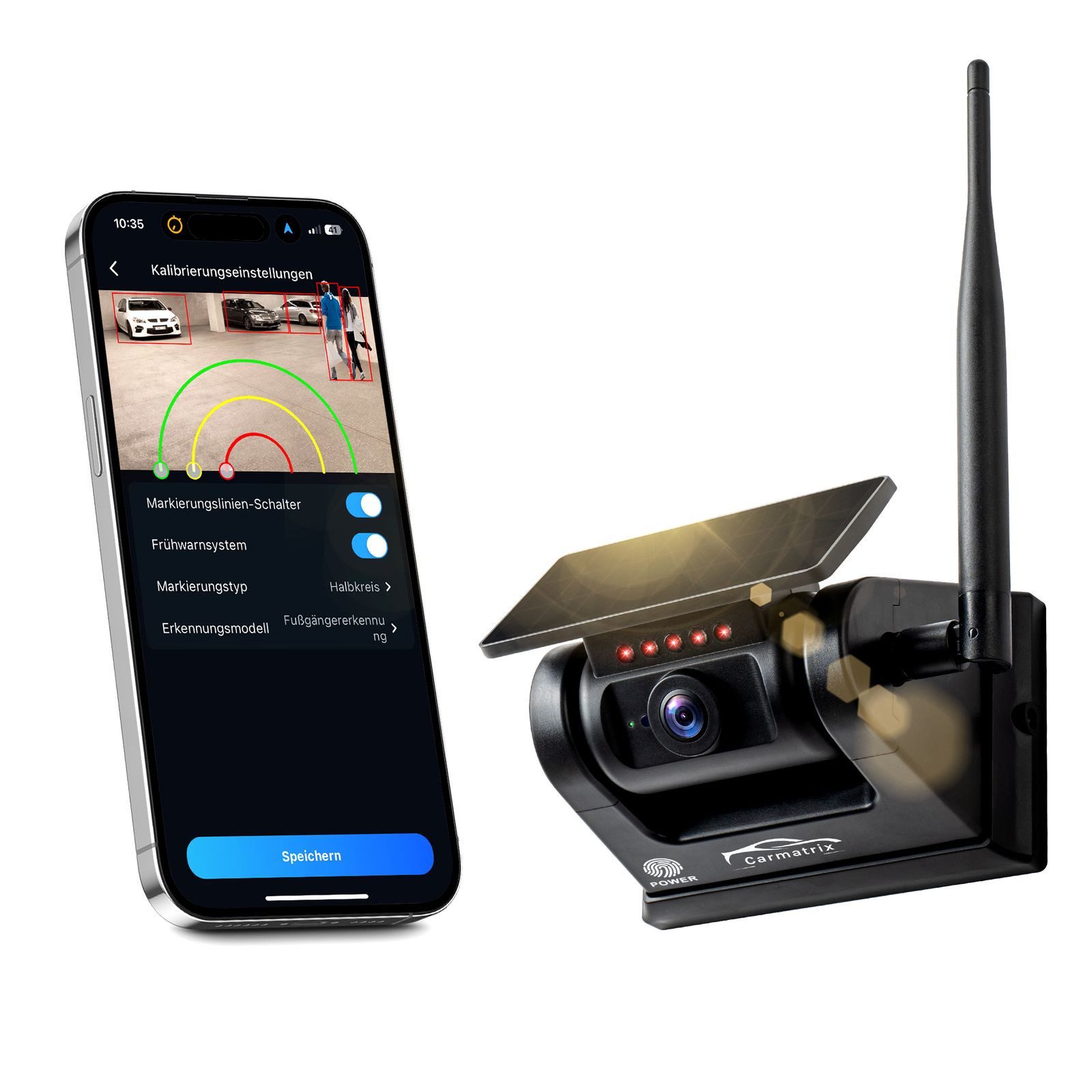 CARMATRIX D50E Rückfahrkamera (Solar WLAN Auto Wohnmobil Funk Rückfahrkamera HD Magnet Smartphone APP, Digital kabellose Einparkhilfe zum nachrüsten KI Personenerkennung)