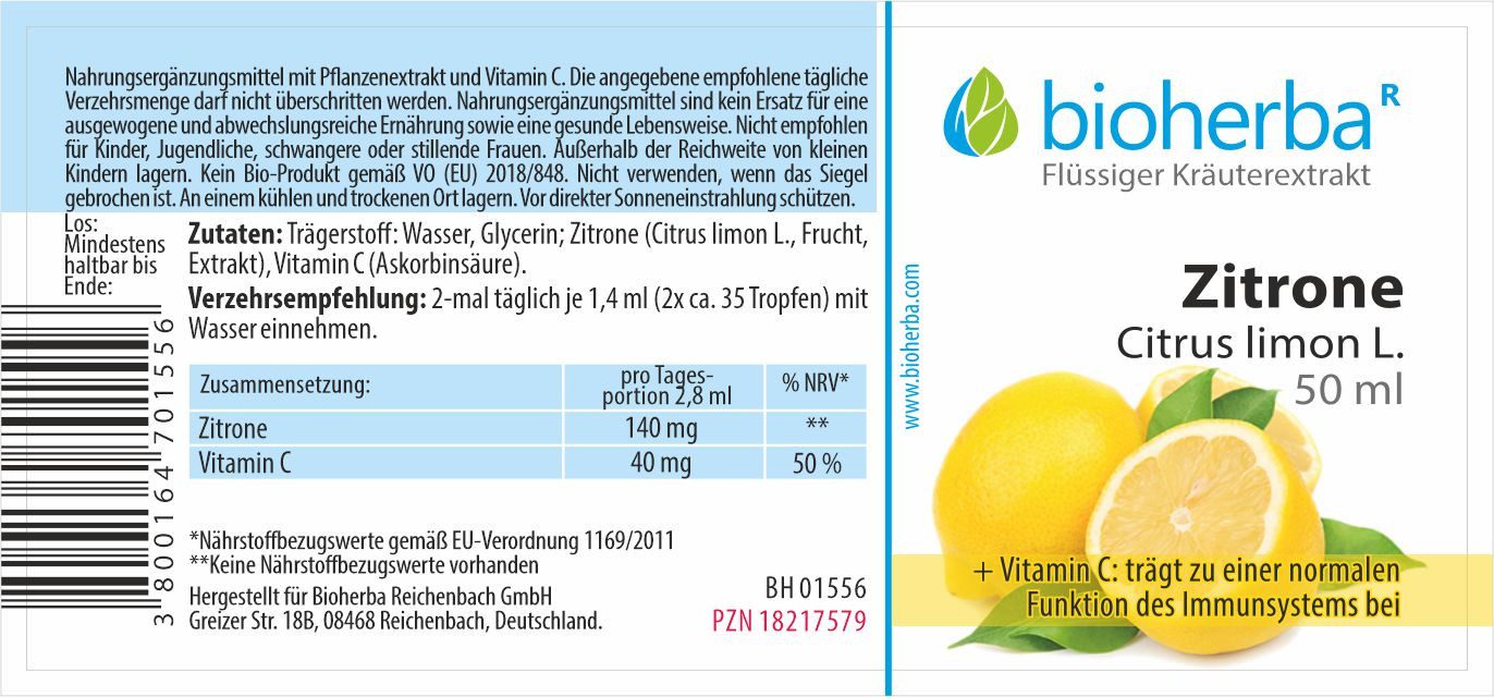 BIOHERBA R Zitrone Citrus limon L. Tropfen Tinktur 50 ml Nahrungsergänzungsmittel