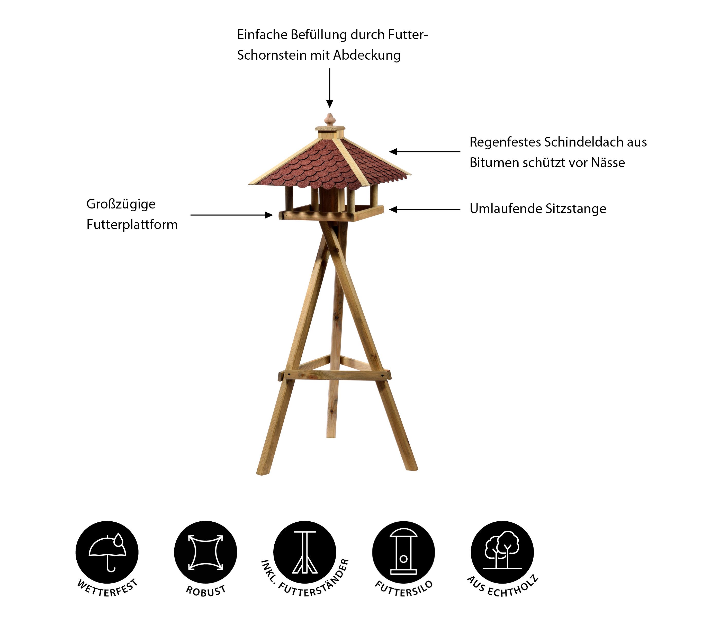 Dehner Vogelhaus Natura Brixen mit Ständer, 144 x 68 x 62 cm, Holz, mit Schindeldach und Futtersilo, sehr witterungsbeständig