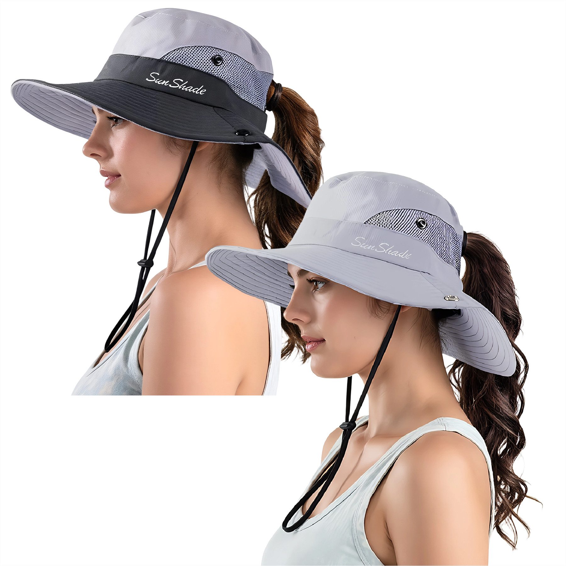 Mutig Sonnenhut 2 stk Damen Faltbarer Sonnenhut mit Zopföffnung breiter Rand UPF 50 (Mesh Breiter Rand Strand Fischerhut, UV Schutz Winddicht Strandhut, Wasserdicht Leicht Outdoor Buschhut mit Verstellbare Kinnband) Sommerhut Wanderhut Gartenhut für Sommer, Wandern Strand & Reise