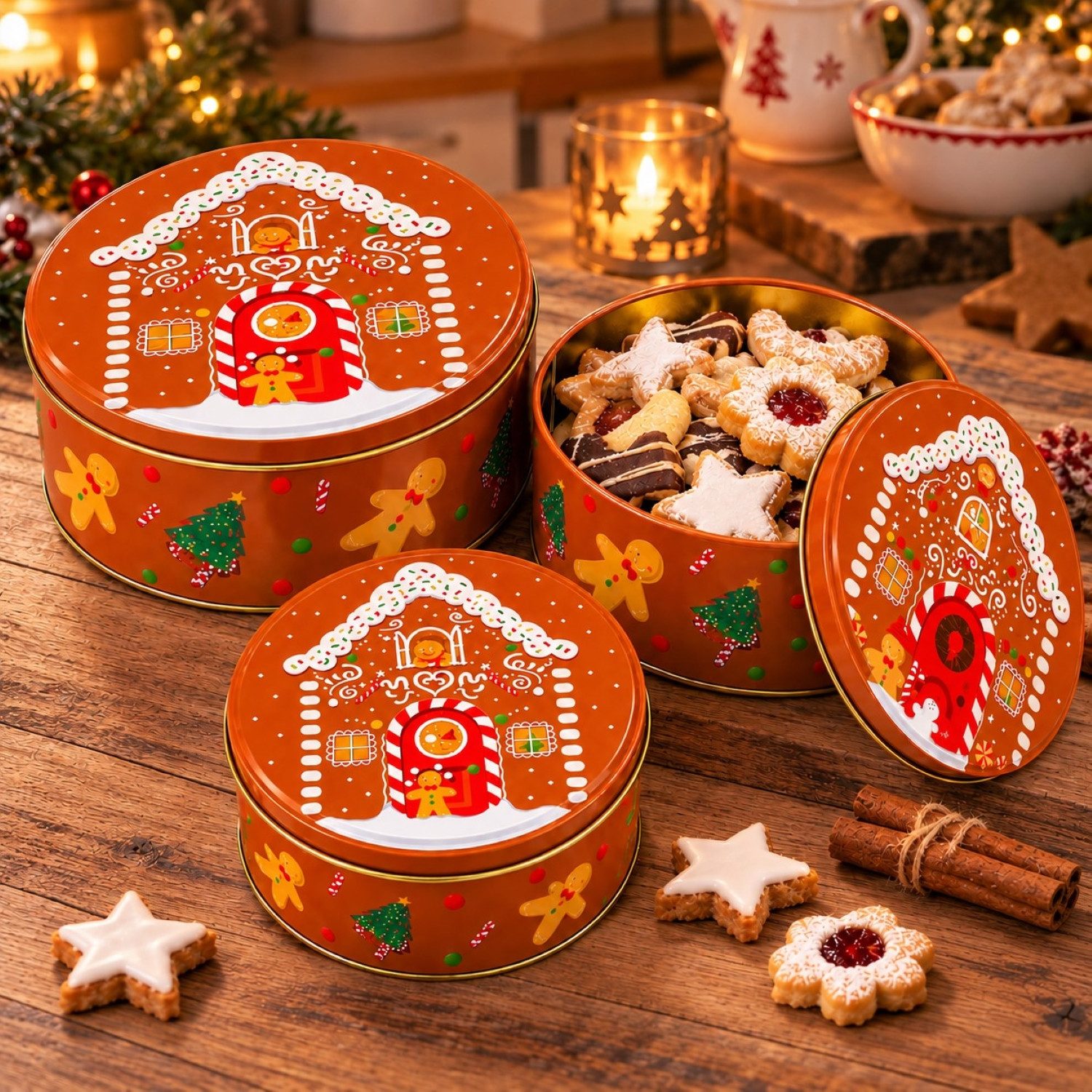 Online-Fuchs Keksdose im 3er Set aus Metall für Weihnachten - Vorratsdosen, Plätzchendosen, (süßes Lebkuchen Design, ideal zum Verschenken), die 3 Größen können ineinander gestellt werden