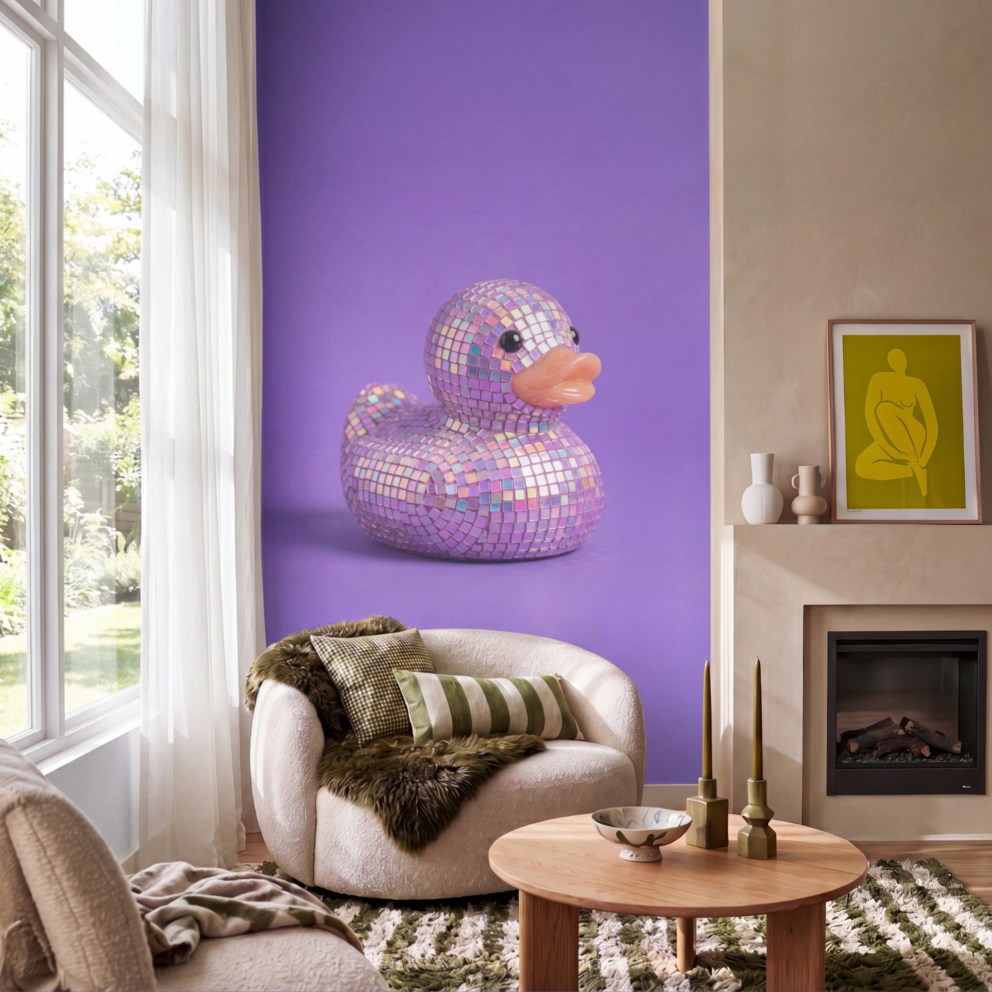 OnlyWow Fototapete Disco - Ente - Lila, Matt, bedruckt, Wandtapete, Wanddekoration, Schlafzimmer 120x200cm