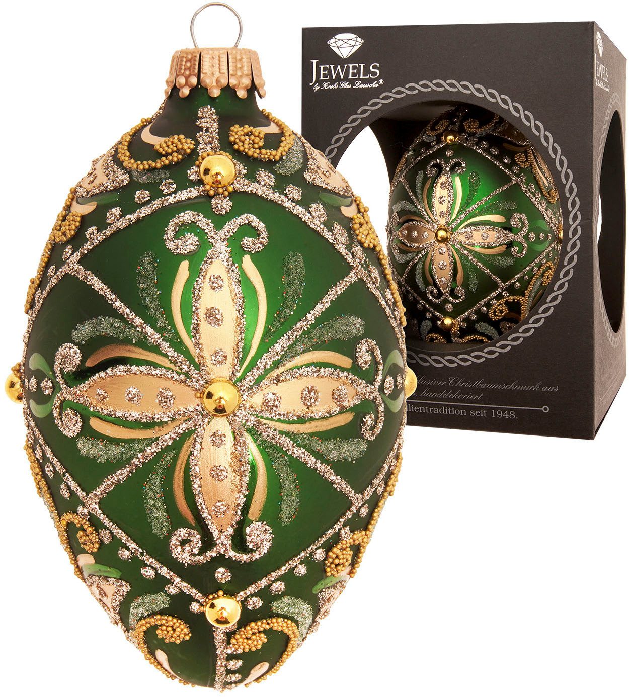 Krebs Glas Lauscha Weihnachtsbaumkugel Baumschmuck Ei-Strassdekor grün 10cm, Dekoriert mit Liebe zum Detail