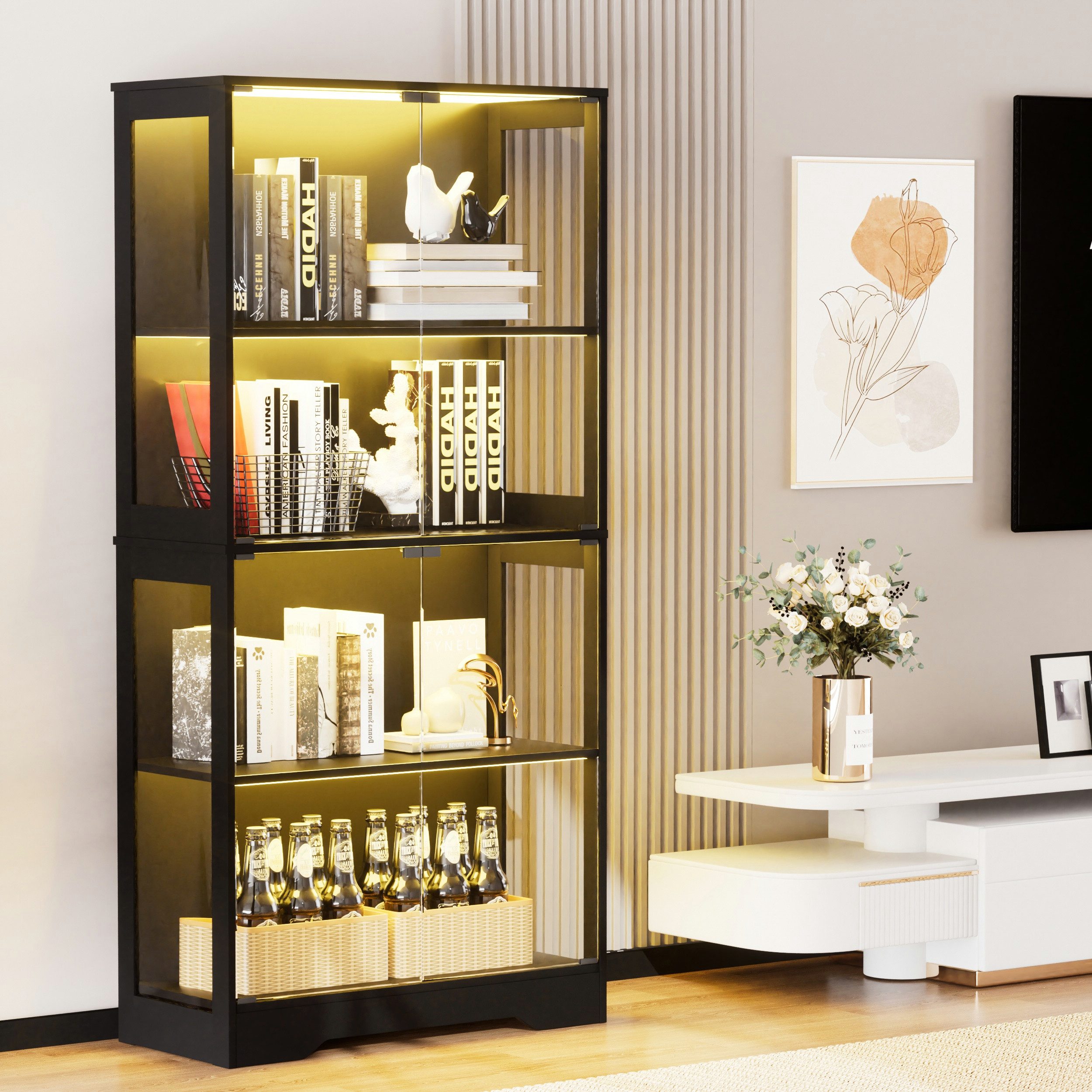 STILVORA Vitrine mit Glastüren&LED,Hochschrank Standvitrine Hochglanz mit Stauraum