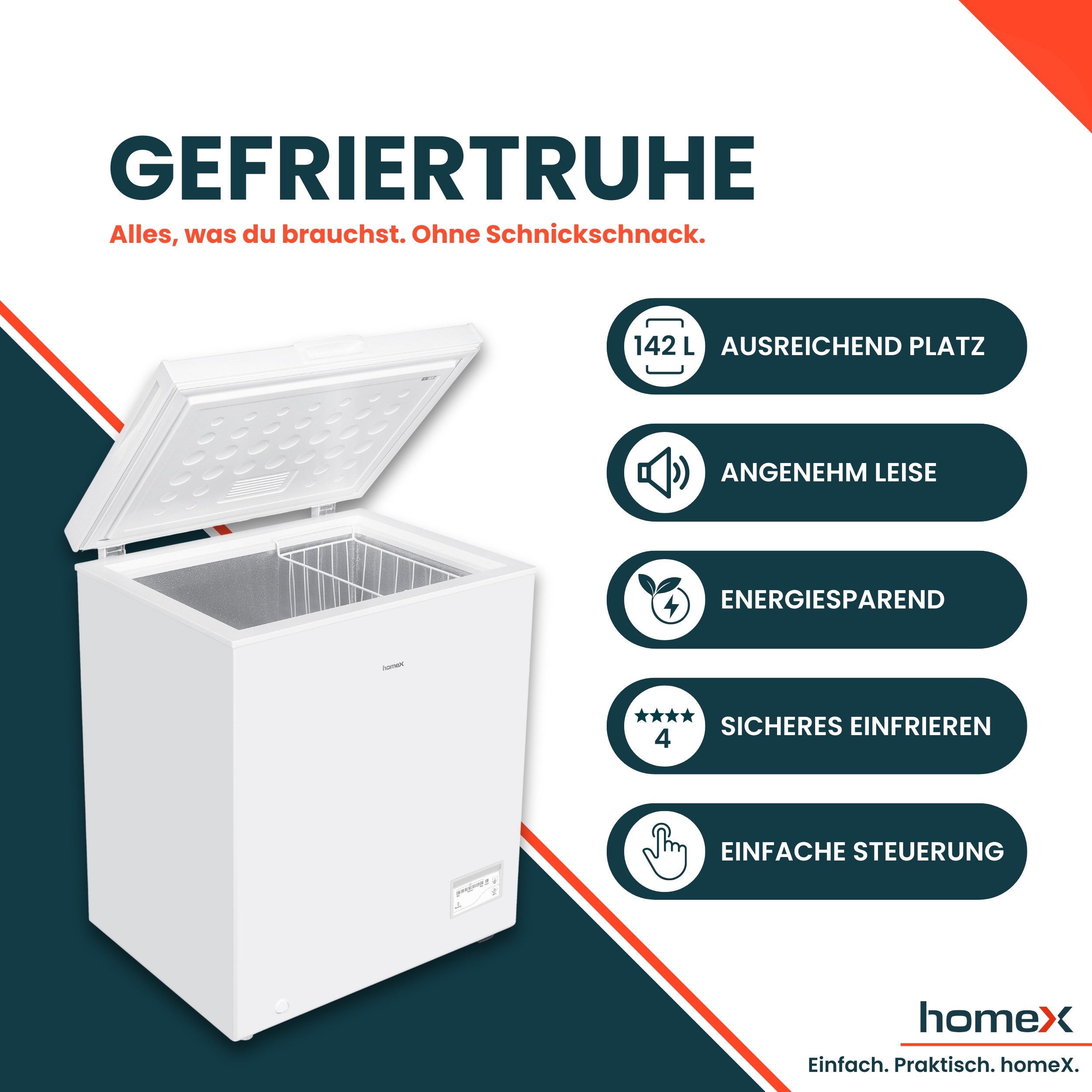 homeX Gefriertruhe FT1125-W, 70.5 cm breit, 142 l, Tiefkühltruhe klein, 142 Liter Nutzinhalt, Super-Frost-Funktion, weiß