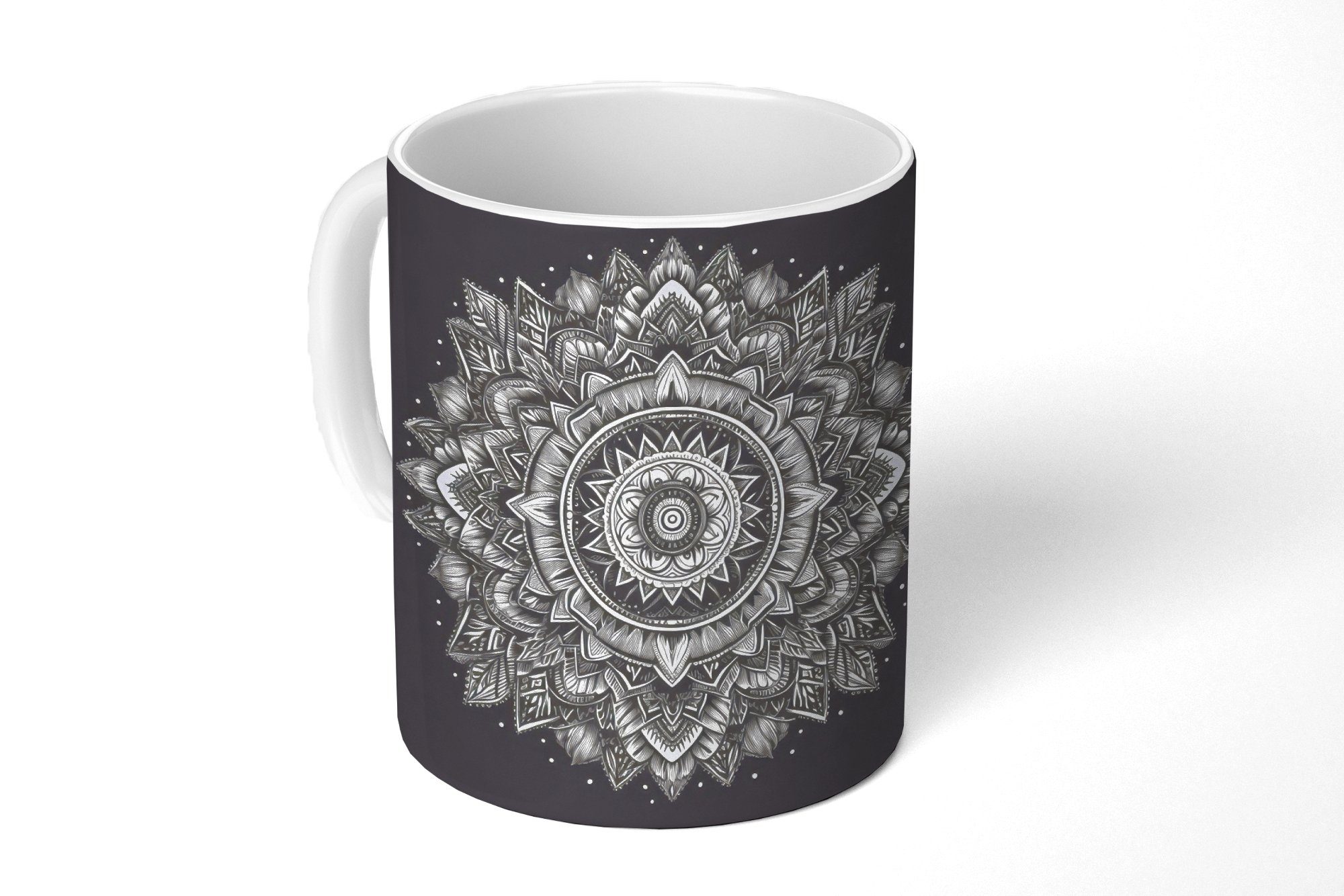 Geschenk weiß Blumen und Teetasse, Kaffeetassen, Tasse Natur, Keramik, Teetasse, Böhmisch - Schwarz Mandala - MuchoWow - Becher, -