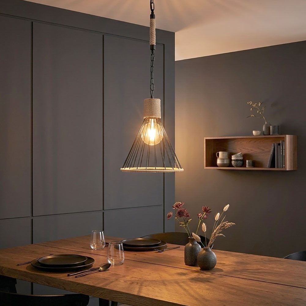 GLOBO LIGHTING LED-Hängeleuchte, Leuchtmittel inklusive, Warmweiß, LED Pendellampe Hanfseil Hängeleuchte Kette Esszimmer Gitter H 140 cm