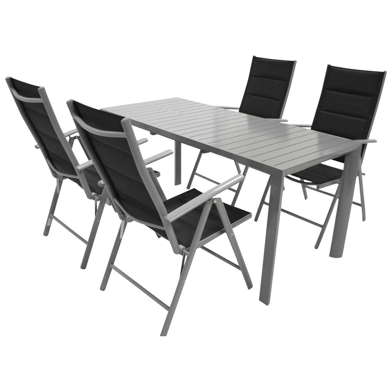 DEGAMO Garten-Essgruppe BAGO 5-teilig, 4x Klappsessel, 1x Ausziehtisch 120/162x70cm, Alu silbergrau