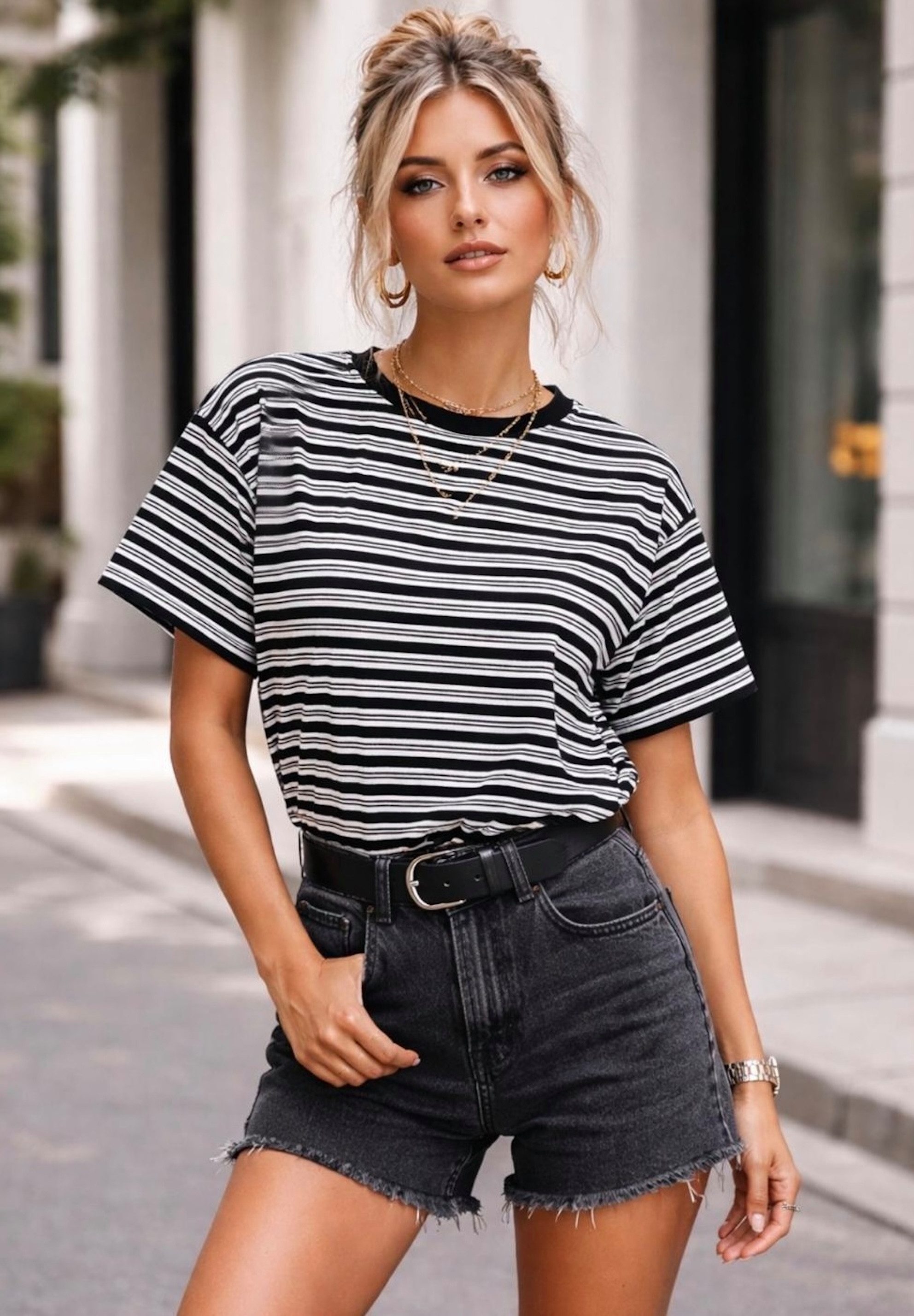 Worldclassca T-Shirt WORLDCLASSCA T-Shirt Streifen Oversize Halbarm Sweat Shirt Gestreift Neue Kollektion - Stilvolle und gemütliche Mode für Damen