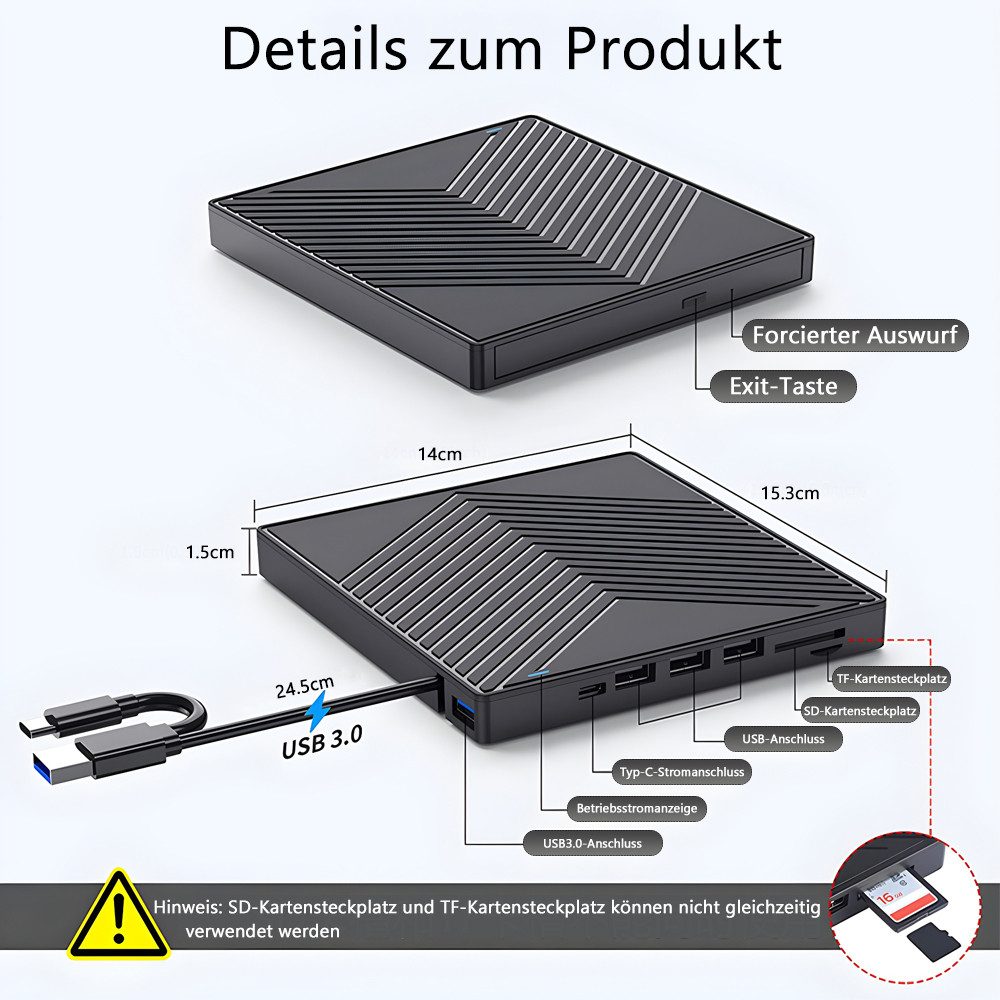 TUWENA Externes DVD Laufwerk, Plug-and-Play CD Laufwerk, mit SD/TF-Anschluss DVD-Brenner