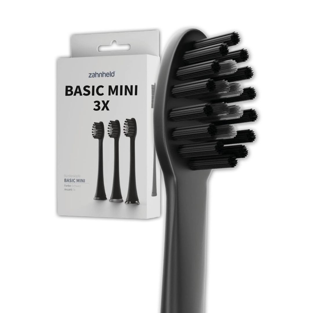 Zahnheld Aufsteckbürsten Ersatzbürsten Basic Mini für Kinder - ideal für Schallzahnbürste Gero, im 3er, 6er oder 9er Set, Zahnpflege Set, schmale Wechselköpfe, plastikfrei verpackt, 3 Stück, schwarz