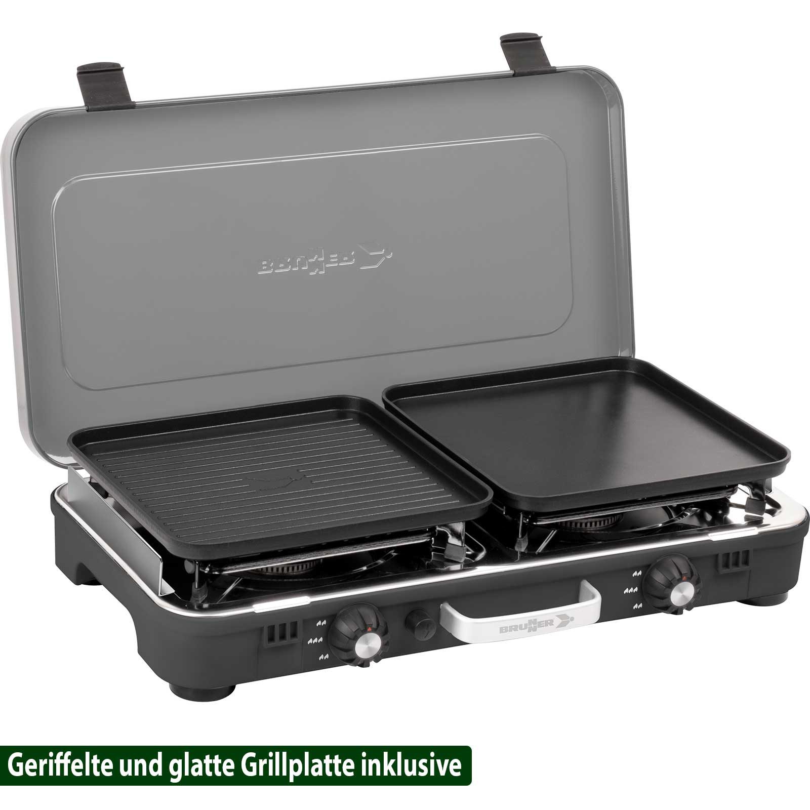 BRUNNER Gaskocher BRUNNER Powerkook GP Gaskocher Campingkocher 2-flammig 2 Grillplatten, (50mbar - Mit Gasregler + Gasschlauch)