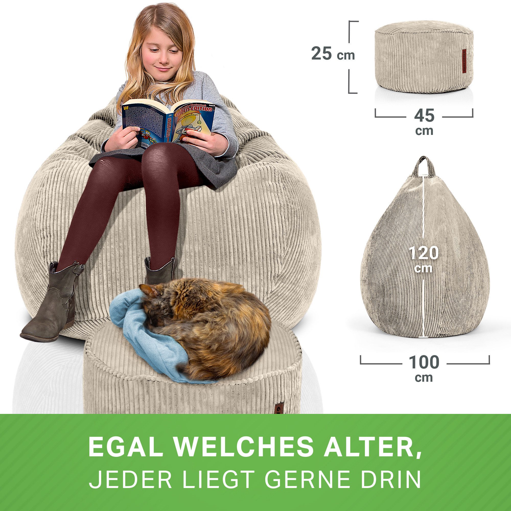 Green Bean Sitzsack Scoop + Pouf Cord, Indoor Sitzkissen mit Sitzhocker, Re günstig online kaufen