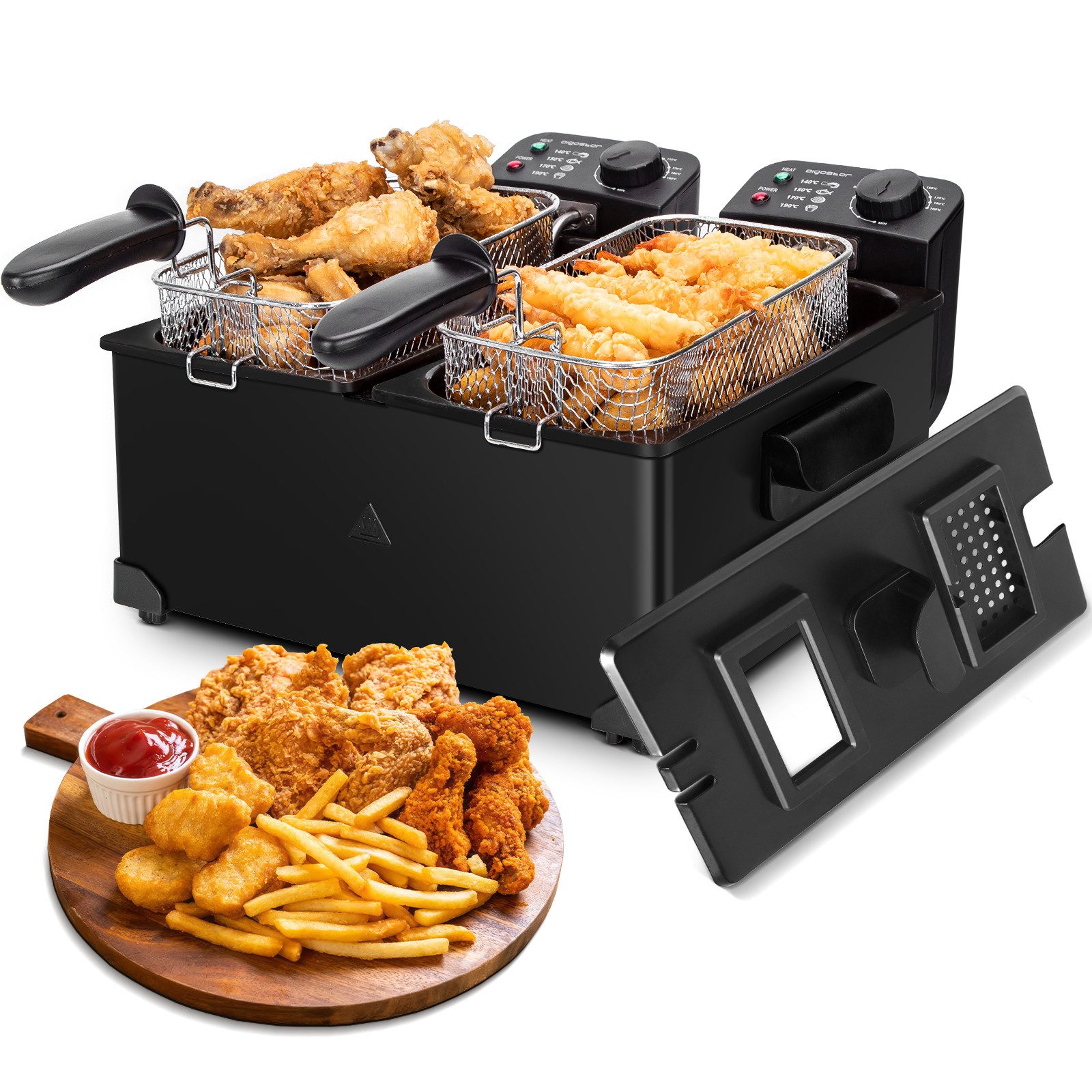 Aigostar Fritteuse Edelstahl Doppel-Fritteuse mit 2 Körben, 6 Liter Öl-Fritteuse mit Kaltzonenfunktion, Temperaturregelung, 3600,00 W, Abnehmbarer Griff,automatische Abschaltung beim Anheben,Rauchfilterung