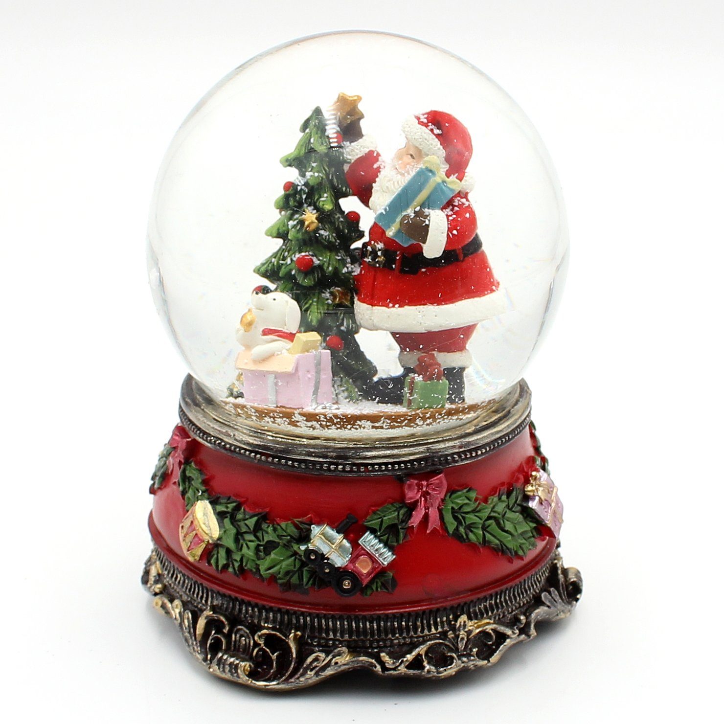 Dekohelden24 Schneekugel Große Schneekugel, Weihnachtsmann mit Hund und Geschenken, mit Sound, (1 St)