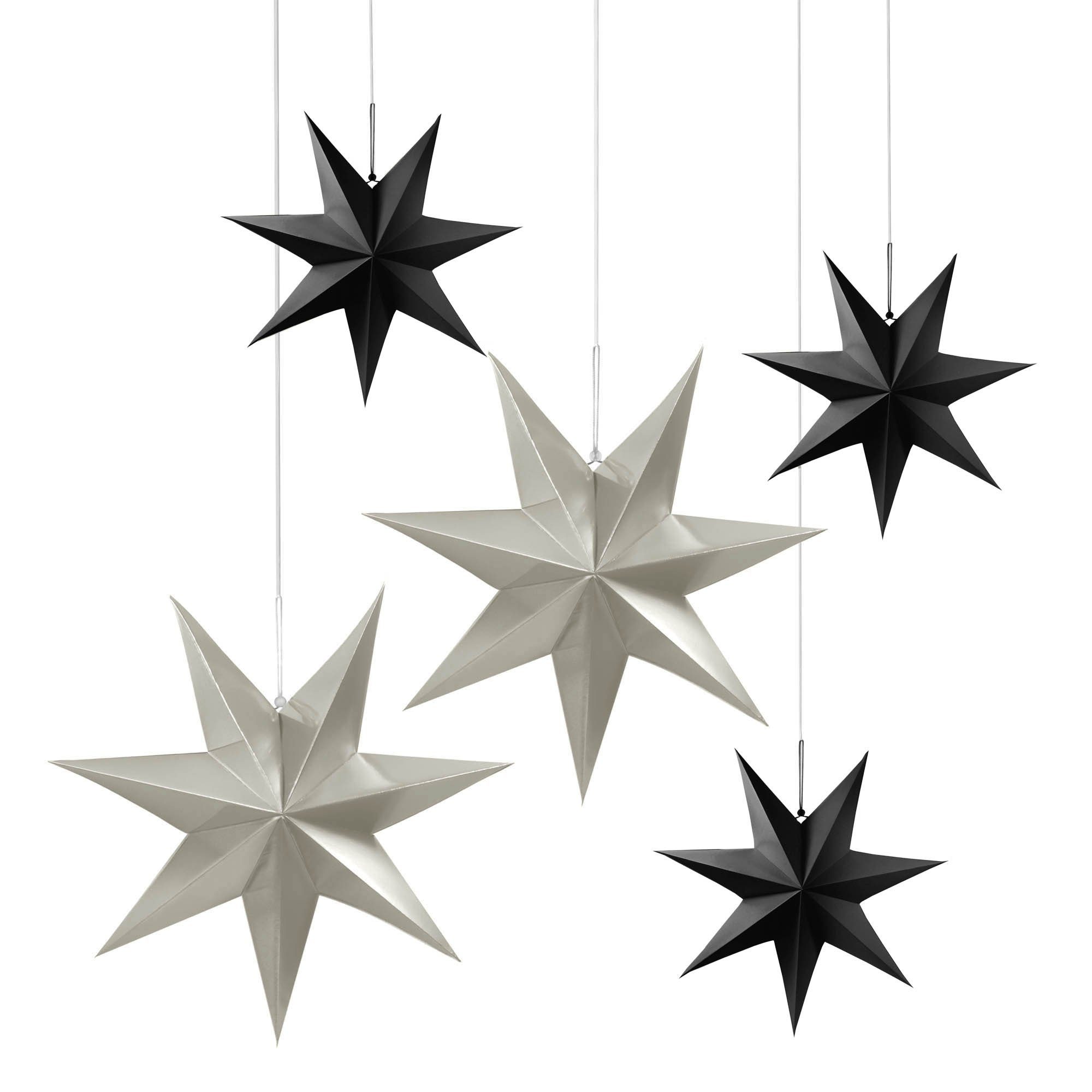 Frau WUNDERVoll Papiersterne 5 Faltsterne -silber matt/schwarz, 3 x 25 cm, 2 x 40 cm 7 Zacken