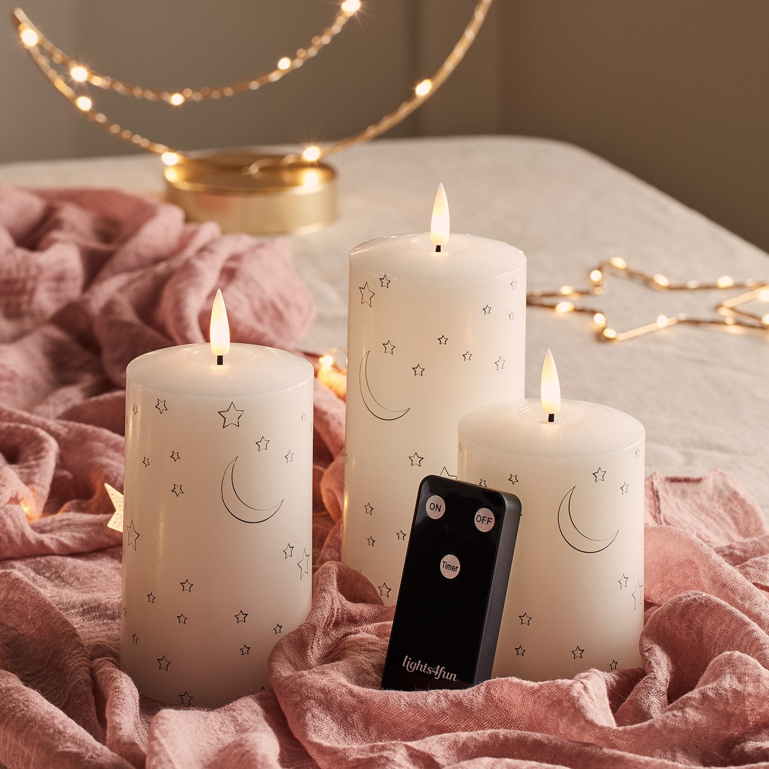 Lights4fun LED-Kerze TruGlow® LED Kerzen Echtwachs Trio Mond und Sterne mit Fernbedienung