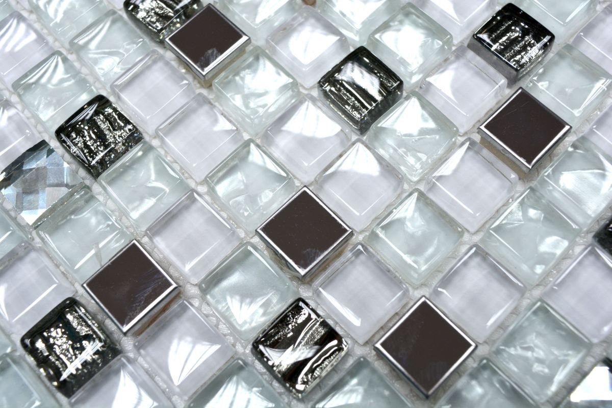 10 weiß Mosaikfliesen Glasmosaik glänzend Mosaik Edelstahl Matten / Mosani