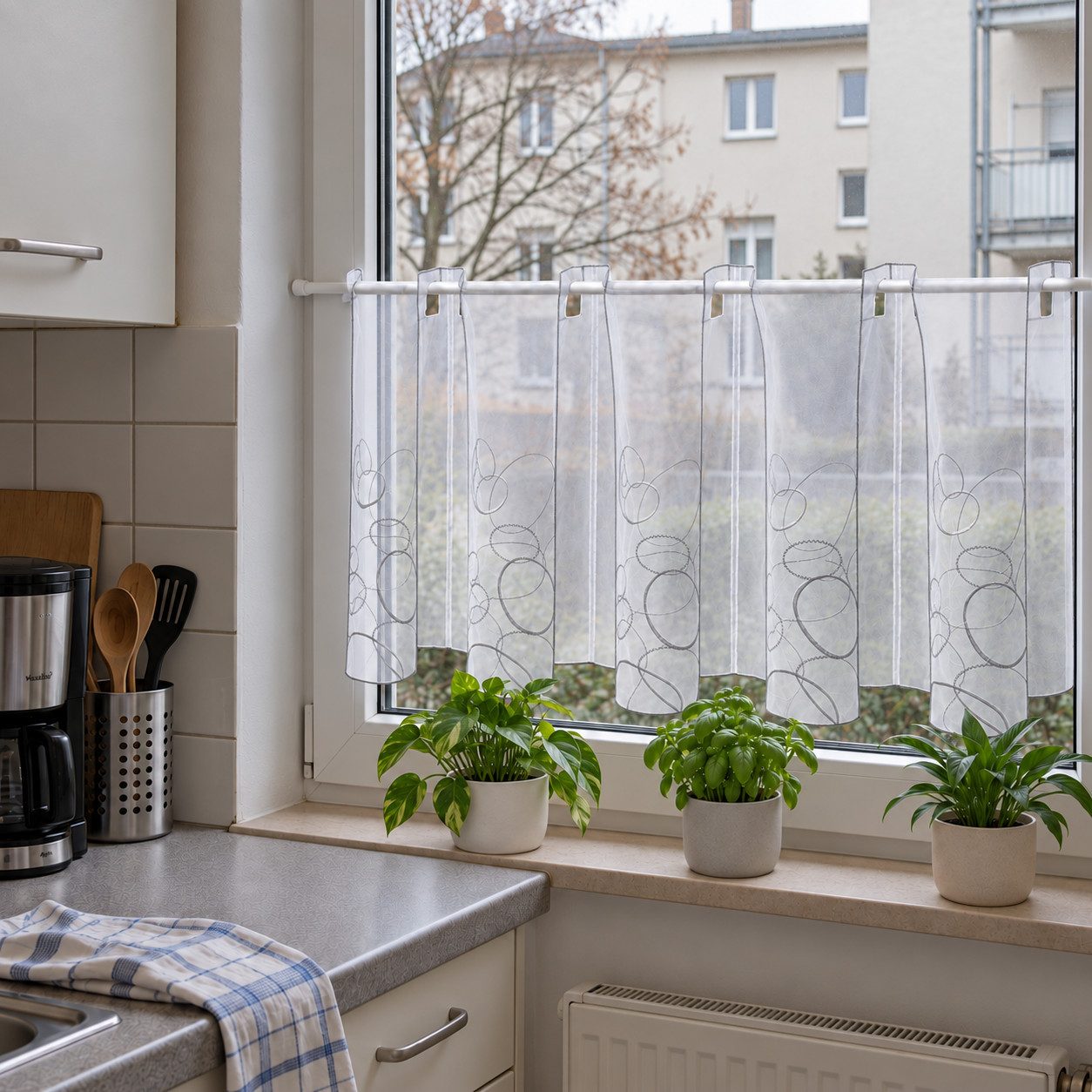 Joyswahl Scheibengardine Kreise und Quadrate Kurzstore im klassischen Stil (1 St), Stangendurchzug, transparent, Voile, Geometrisches Muster für Küche, Esszimmer und kleine Fenster