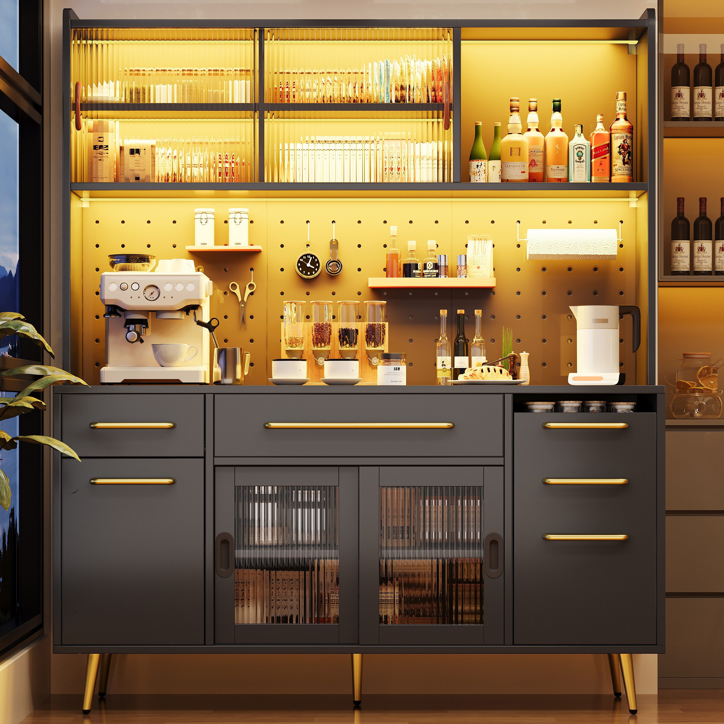Celya Sideboard mit LED, Glastür und Schublade (Ergonomische Arbeitsflächenhöhe, Ausgestattet mit MDF-Lochwand und verstellbaren Regalböden), für Küche und Wohnzimmer