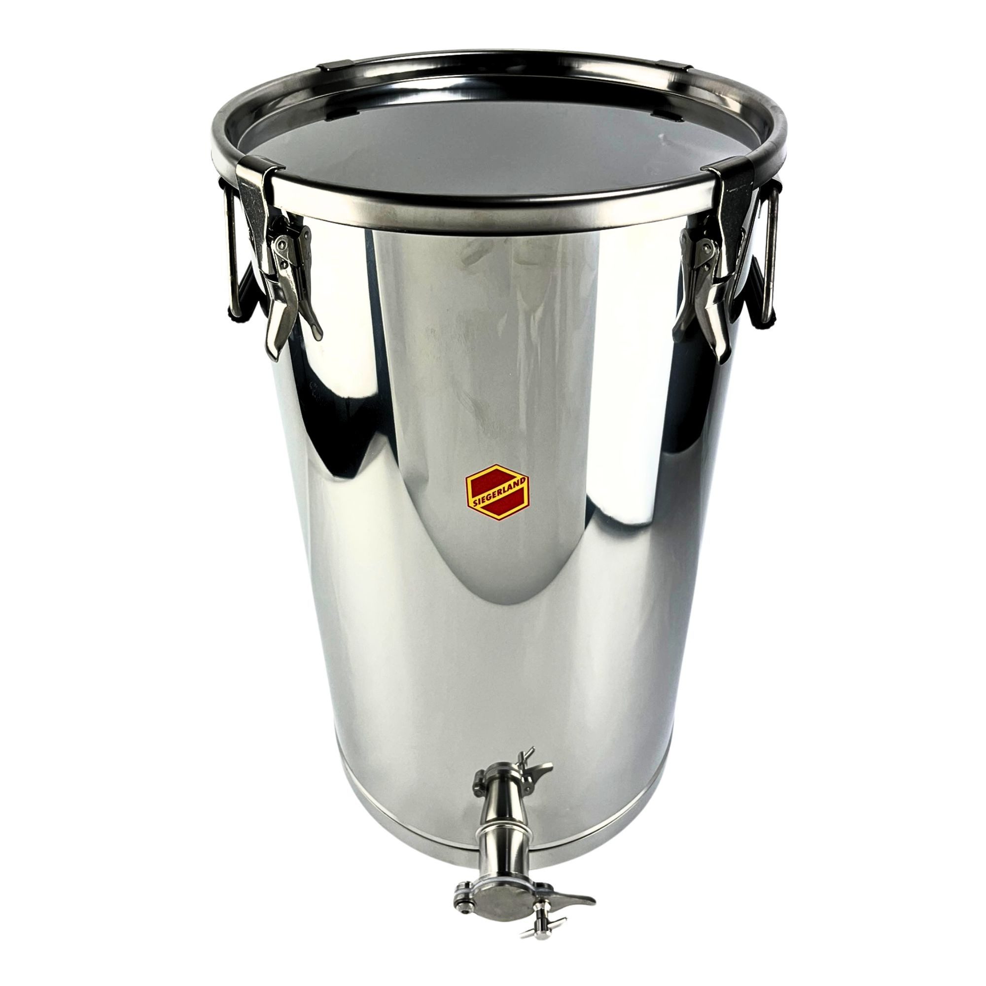 Siegerland Aufbewahrungssystem 50ZE 50kg Abfüllbehälter Edelstahl mit Spannverschluss und Doppelhahn, Überlaufhahn