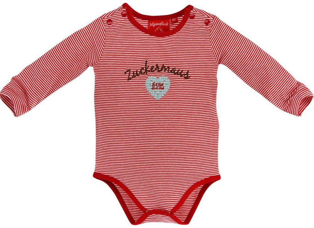 BONDI Body Langarm Baby 86362 Body "Zuckermaus" mit Rot Herz - Weiß Geringelt