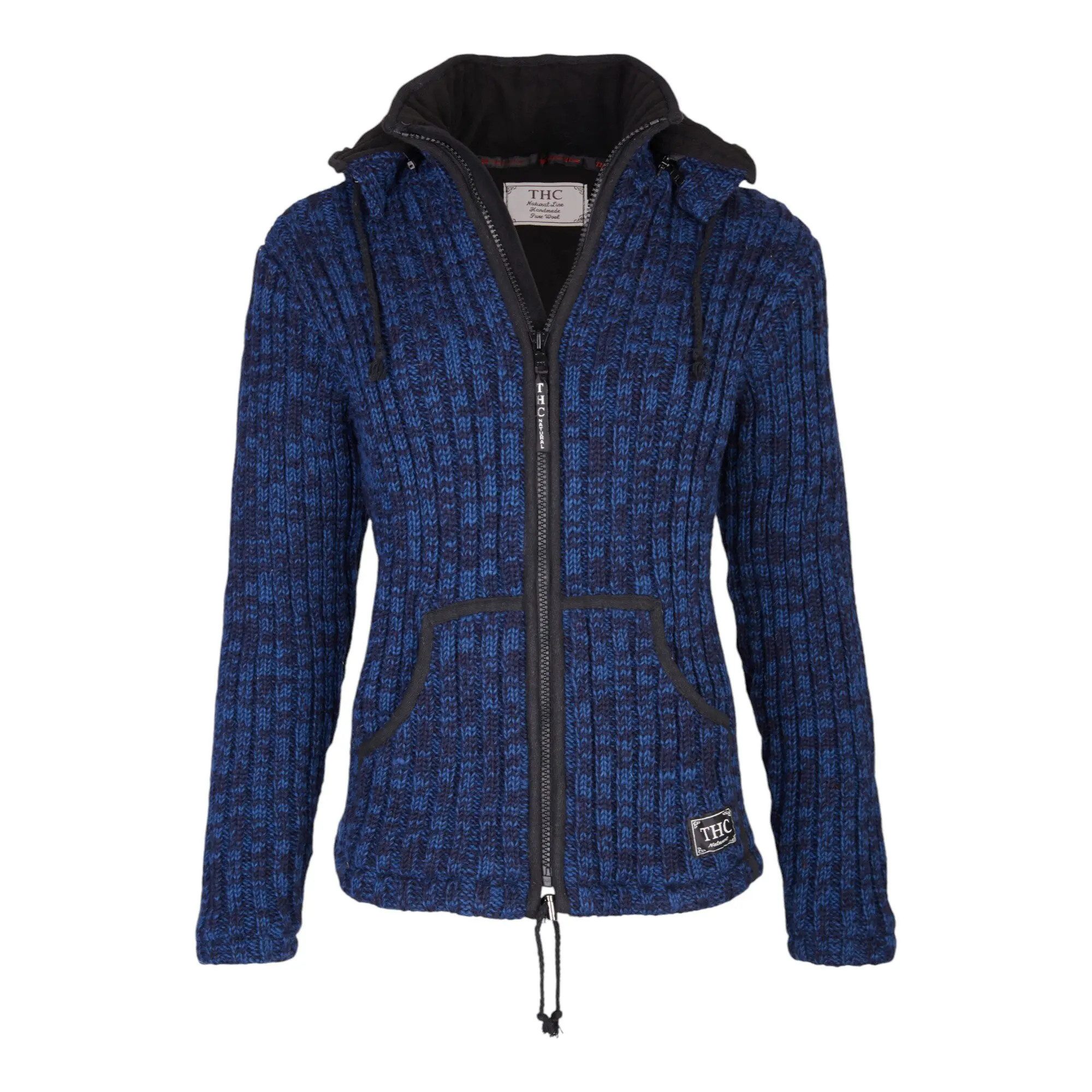 THC Natural Line Strickjacke THC Schafwollstrickjacke blau 716 (1 Stpck, 1-tlg., 1 Stück) Strickjacke mit abnehmbarer Kapuze