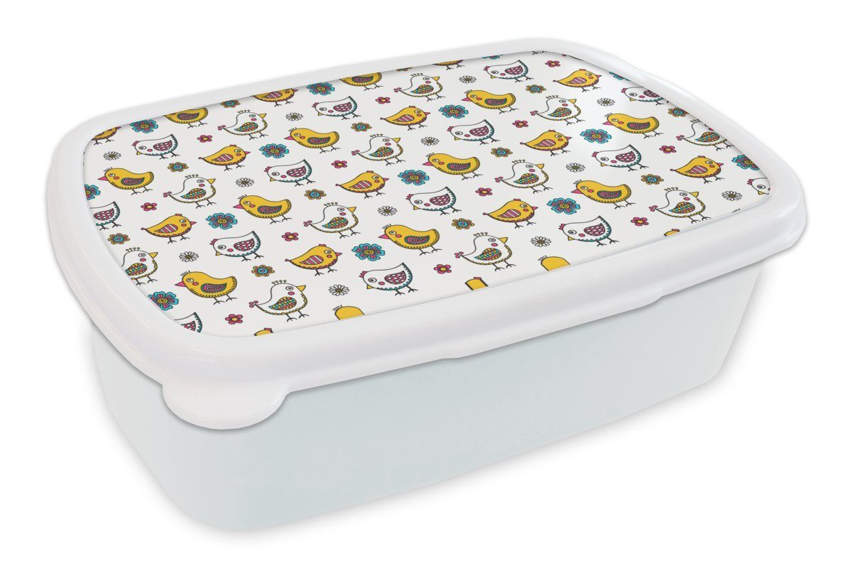 MuchoWow Lunchbox Huhn - Blumen - Frühling - Muster - Kinder, Kunststoff, (2-tlg), Brotbox für Kinder und Erwachsene, Brotdose, für Jungs und Mädchen weiß