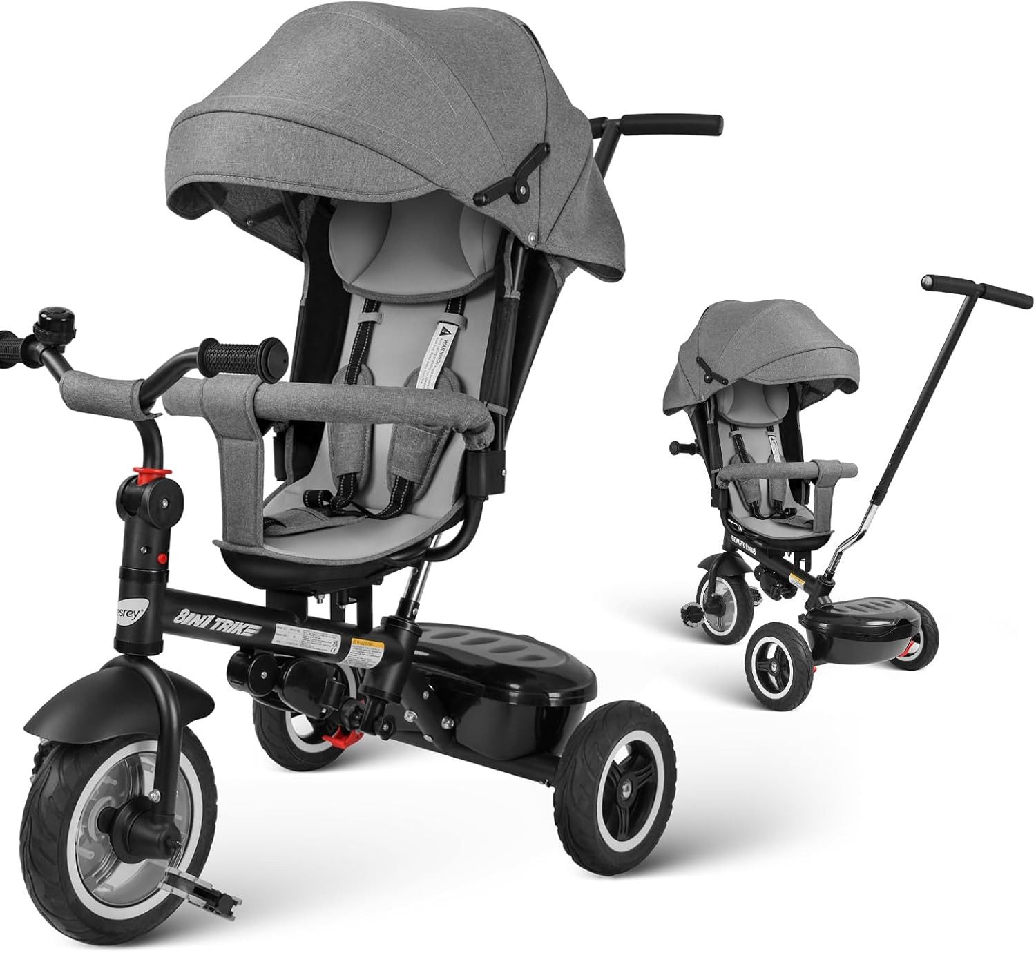 besrey Dreirad 7-in-1 Kinderdreirad mit 360° Sitz und verstellbarer Rückenlehne, All-Terrain-Räder aus Gummi, Freilauffunktion
