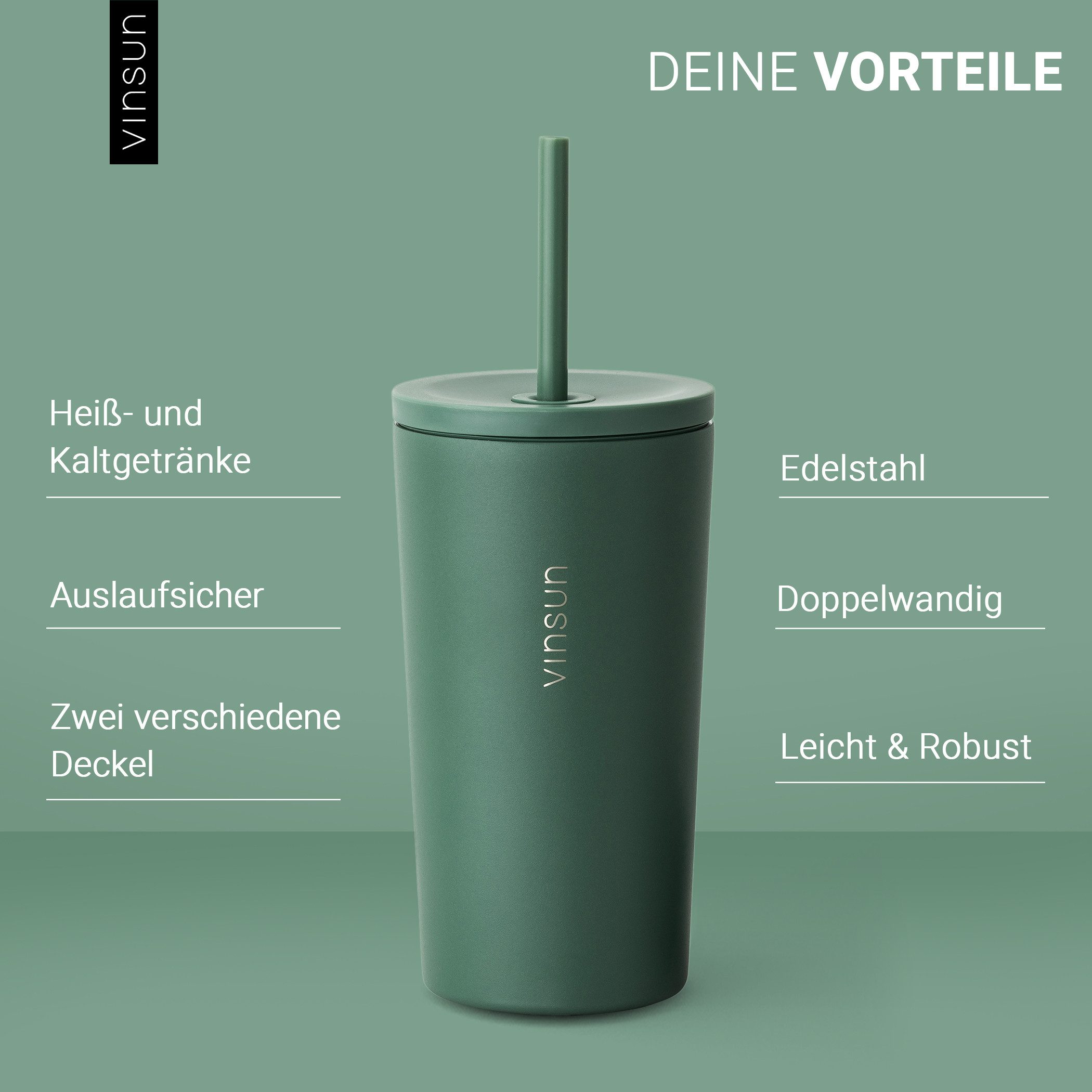 Vinsun Thermobecher Edelstahl Becher mit Strohhalm 480ml - Isolierbecher auslaufsicher, 4-tlg., Edelstahl, Doppelwandig isoliert, BPA frei, bruchfest, Kalt- und Heißgetränke