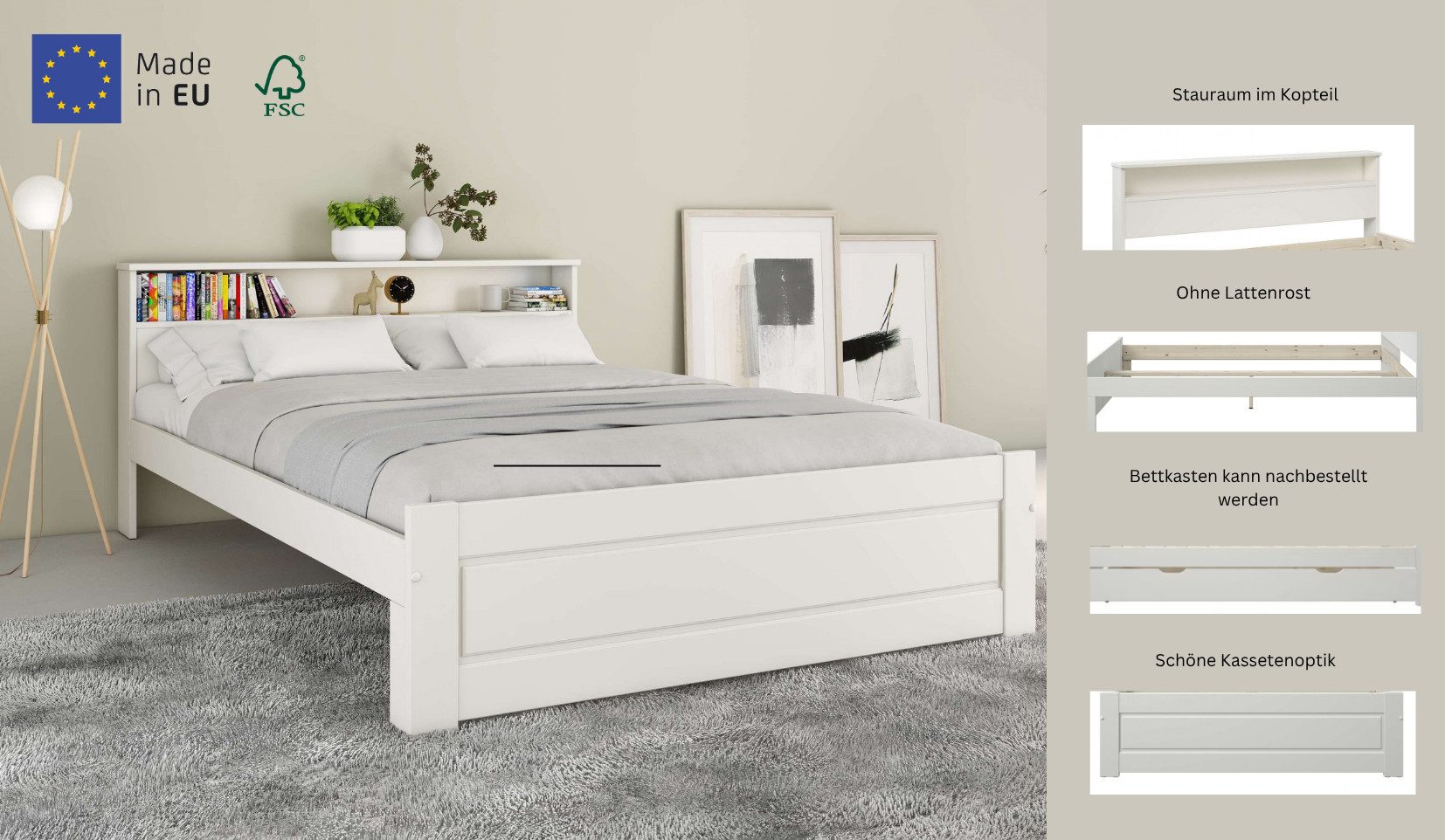 OTTO home Massivholzbett FLAVION, TOPSELLER! Jugendbett, FSC® zertifizierte massive Kiefer (Breite: 140), Qualitätsprodukt, Regal, Kassettenoptik, Schublade opt – Bild 3 von 5