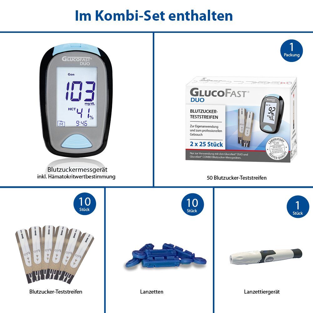 GLUCOFAST Blutzuckermessgerät DUO Maßeinheit in MG, Kombiset, Ink. 60 Tetsteifen, 10 Lanzetten und Lanzettiergerät, Blutzucker und Hämatokritwert mit einer Messung bestimmen