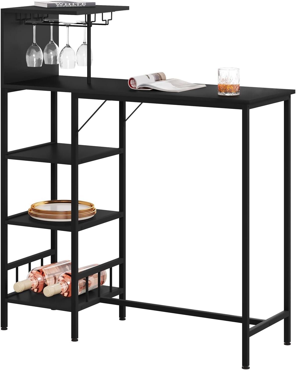 Woltu Bartisch (1-St), Stehtisch mit Weinregal Glashalter, 4 Ablage Schwarz