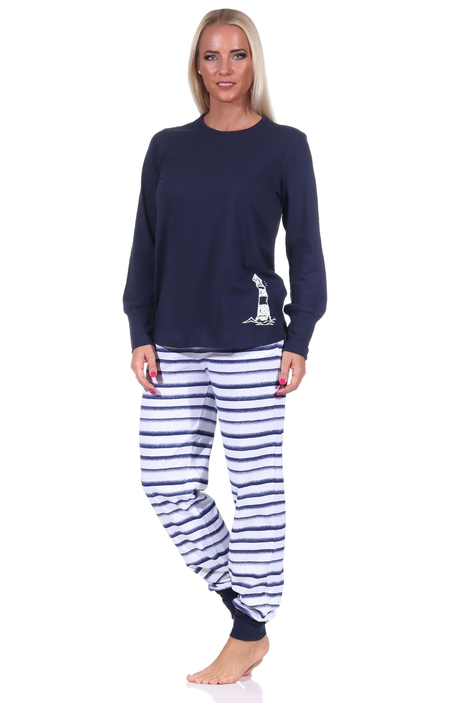 Pyjama Bündchen, marine Leuchturm mit Motiv Damen Normann Maritimer Top Schlafanzug mit