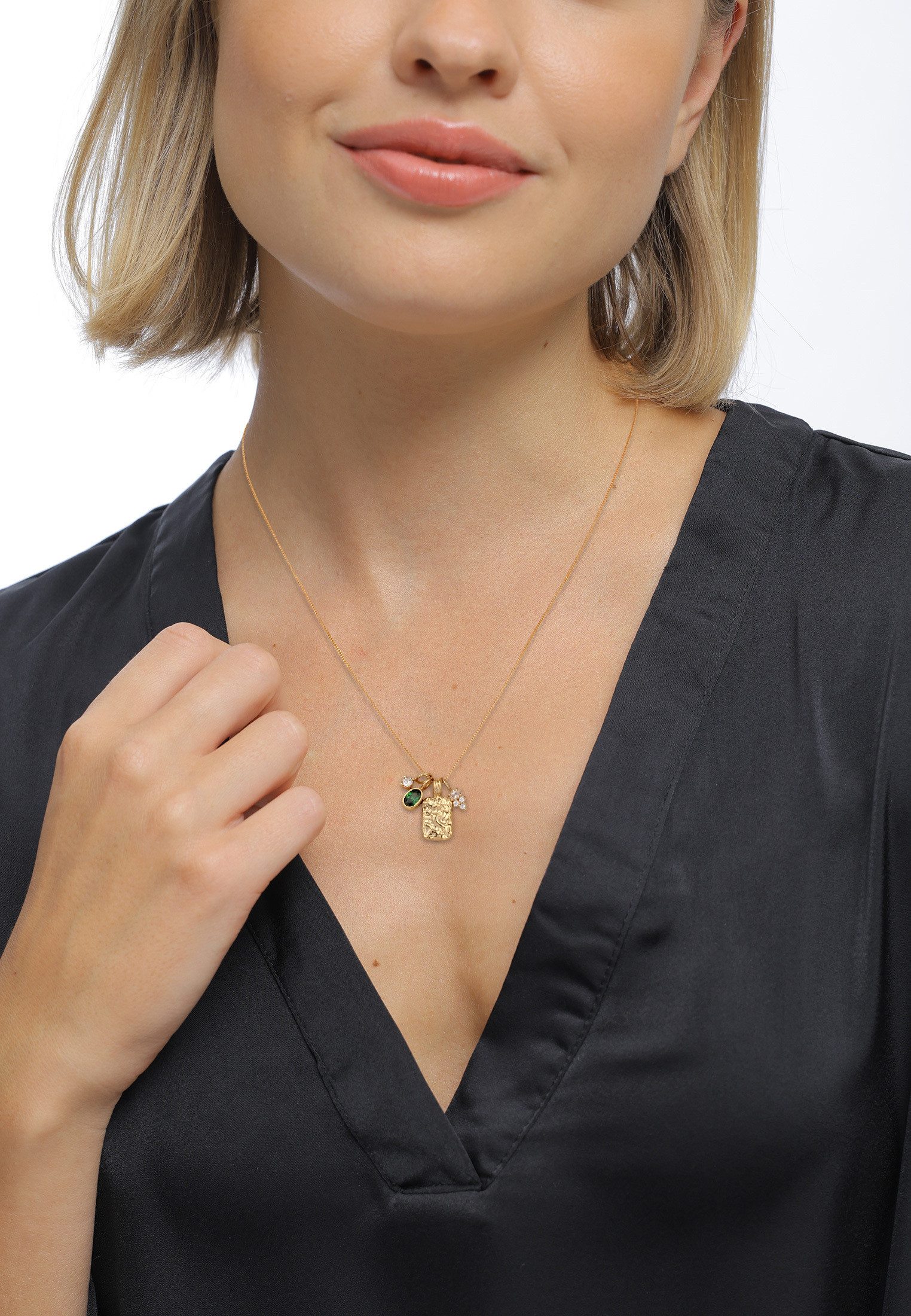Elli Premium Kette mit Anhänger Anhänger Organic Zirkonia Grün 925 Sterling Silber vergoldet
