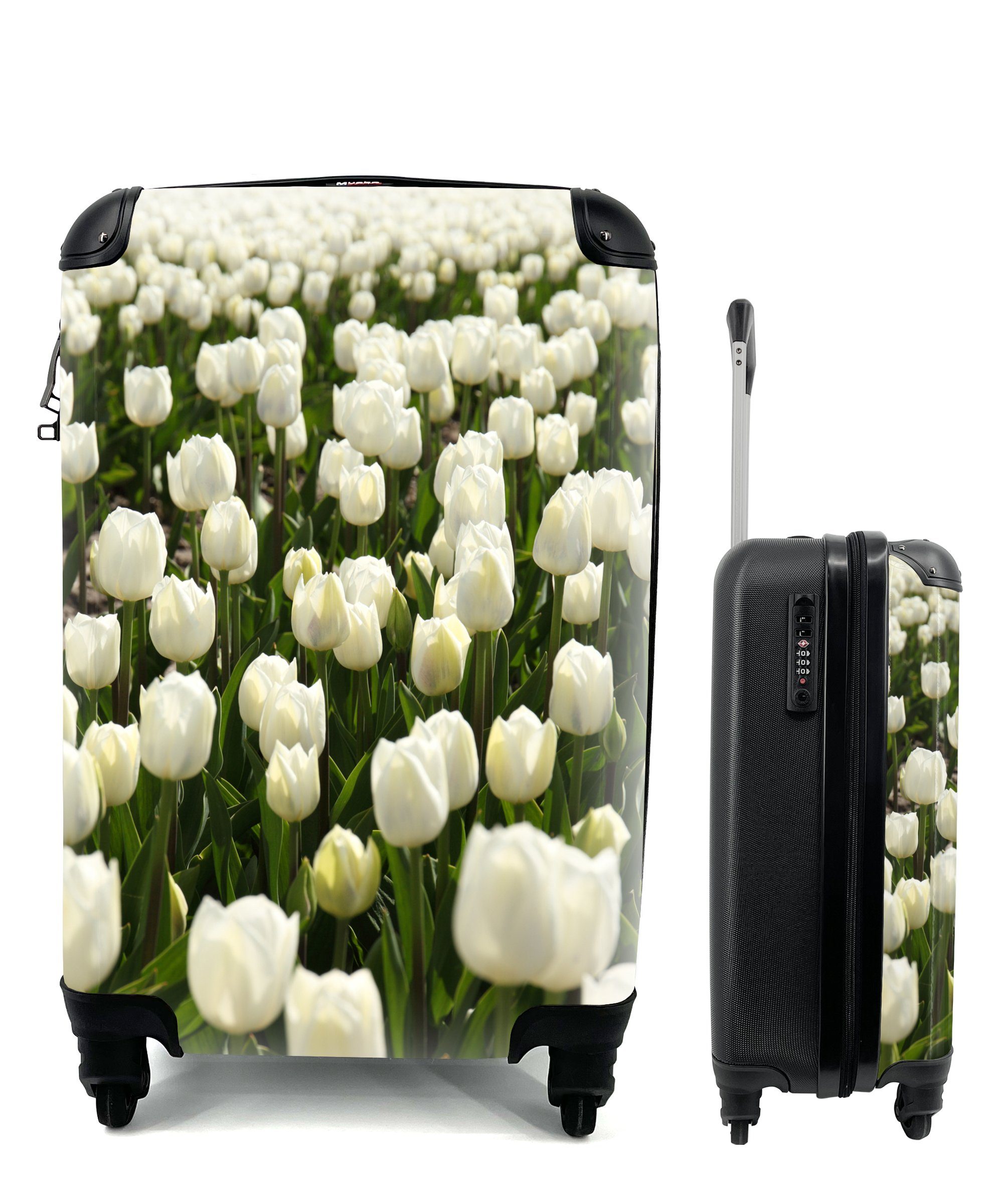 MuchoWow Handgepäckkoffer Weiße Tulpen auf einem Feld, 4 Rollen, Reisetasche mit rollen, Handgepäck für Ferien, Trolley, Reisekoffer