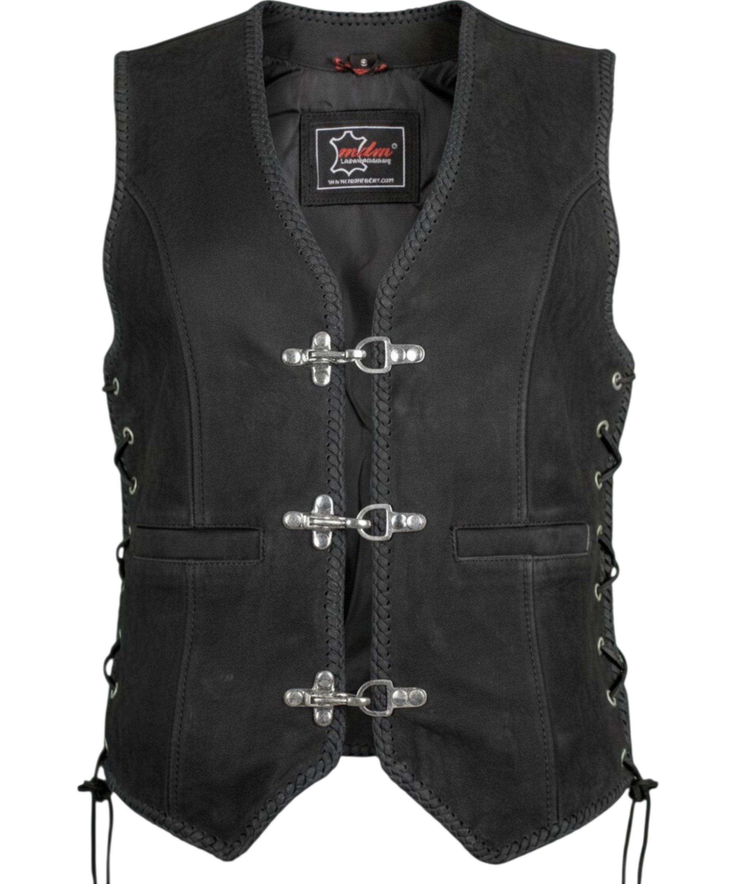 MDM Motorradweste Damen Nubuk Lederweste Büffelleder Biker Slim Fit (Damen Nubuk Bikerweste Kutte) Damen Nubuk Lederweste mit Schnallen, Schnürung und Patchfläche