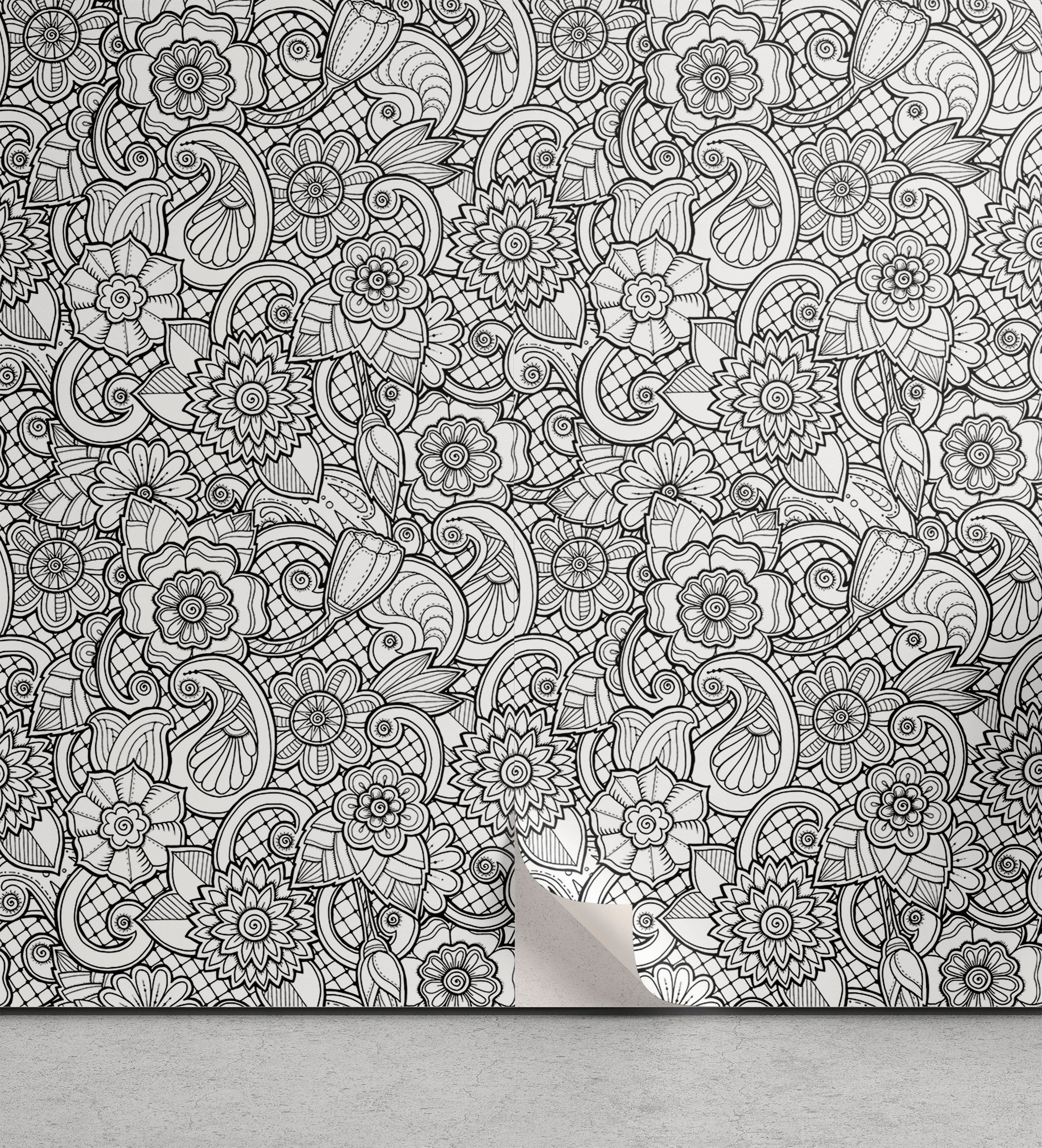 Abakuhaus Vinyltapete selbstklebendes Wohnzimmer Küchenakzent, Schwarz und weiß Blumen Paisleys