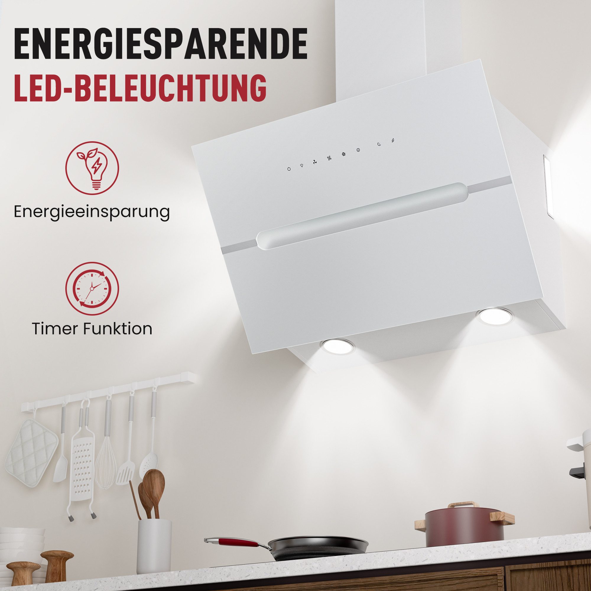 Levivo Kopffreihaube A+++ Dunstabzugshaube 60cm und 90cm Umluft & Abluft mit 720 m³/h Aktivkohlefiltern, Fettfiltern, LED-Beleuchtung – Bild 4 von 5