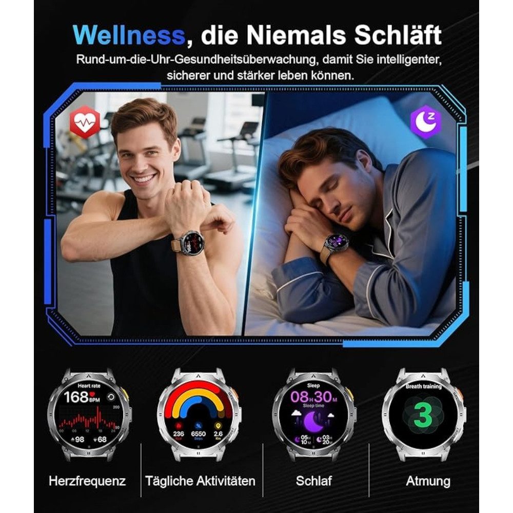 Lige 730mAh Akku IP68 Wasserdicht / Robust Herren's Fitness Tracker Smartwatch (4,1 cm/1,62 Zoll, Android iOS), mit SpO2/Herzfrequenz/Schlafmonitor 100+ Sportmodi AMOLED Display