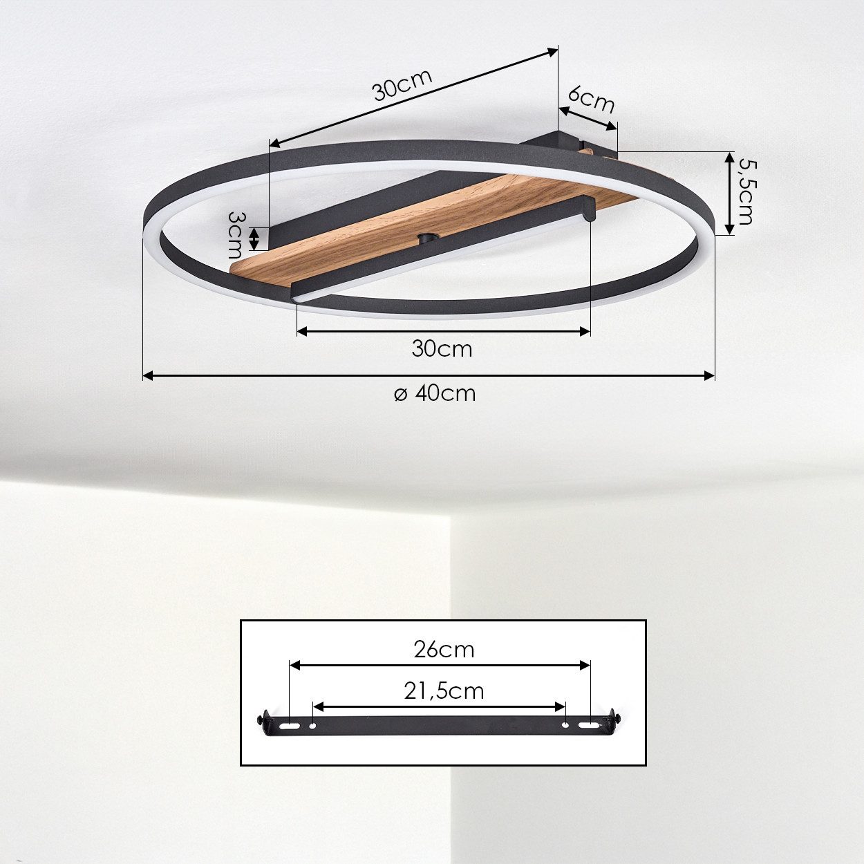hofstein Deckenleuchte Deckenlampe aus Metall/Kunststoff in Schwarz/Holzoptik/Weiß, ohne Leuchtmittel, verstellbare Leuchte im Boho-Design, 24 Watt, 2900 Lumen – Bild 4 von 5