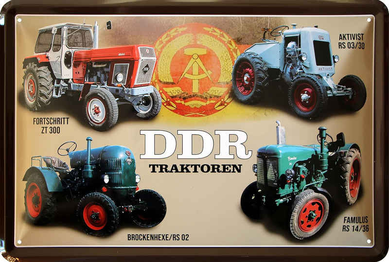 WOGEKA ART Metallbild DDR Traktoren - 20 x 30 cm Retro Blechschild Famulus Brockenhexe, Metallschild Wanddeko Spruch Schild Wandbild Ostdeutschland Ossi